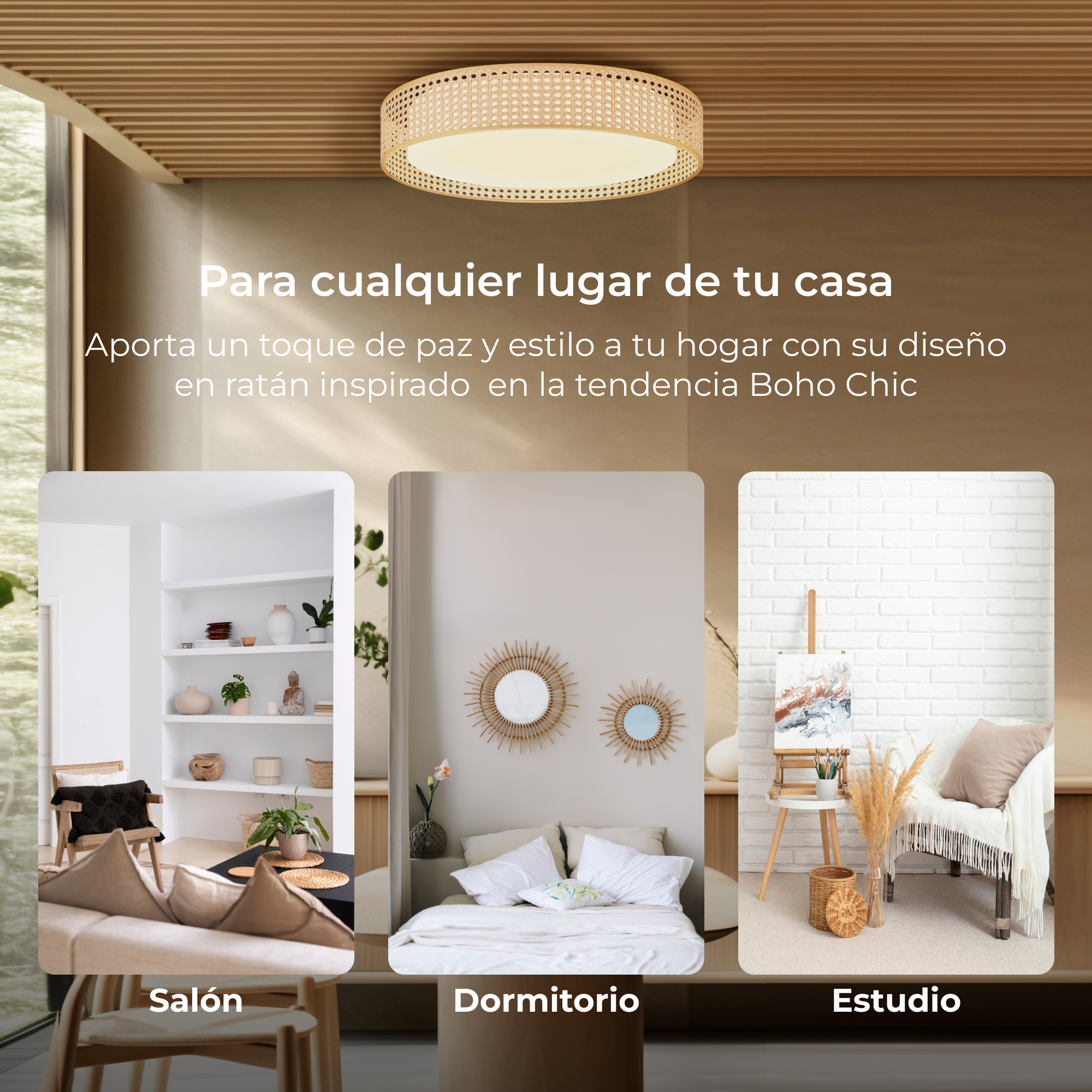 Lampa sufitowa z rattanowym wzorem jest pokazana nad zdjęciami salonu, sypialni i studia.
