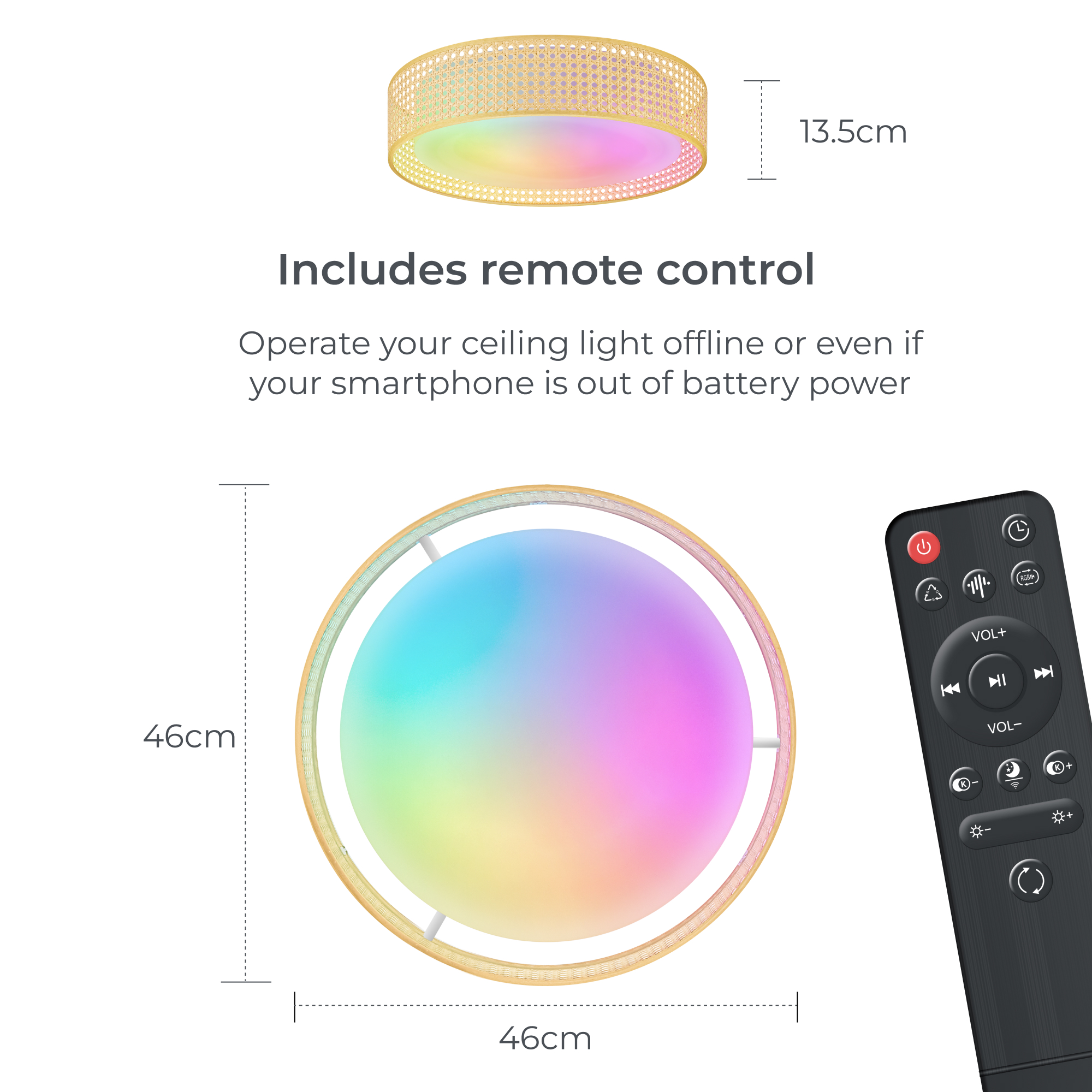 Okrągła lampa sufitowa z pilotem, pokazująca wymiary i funkcje.