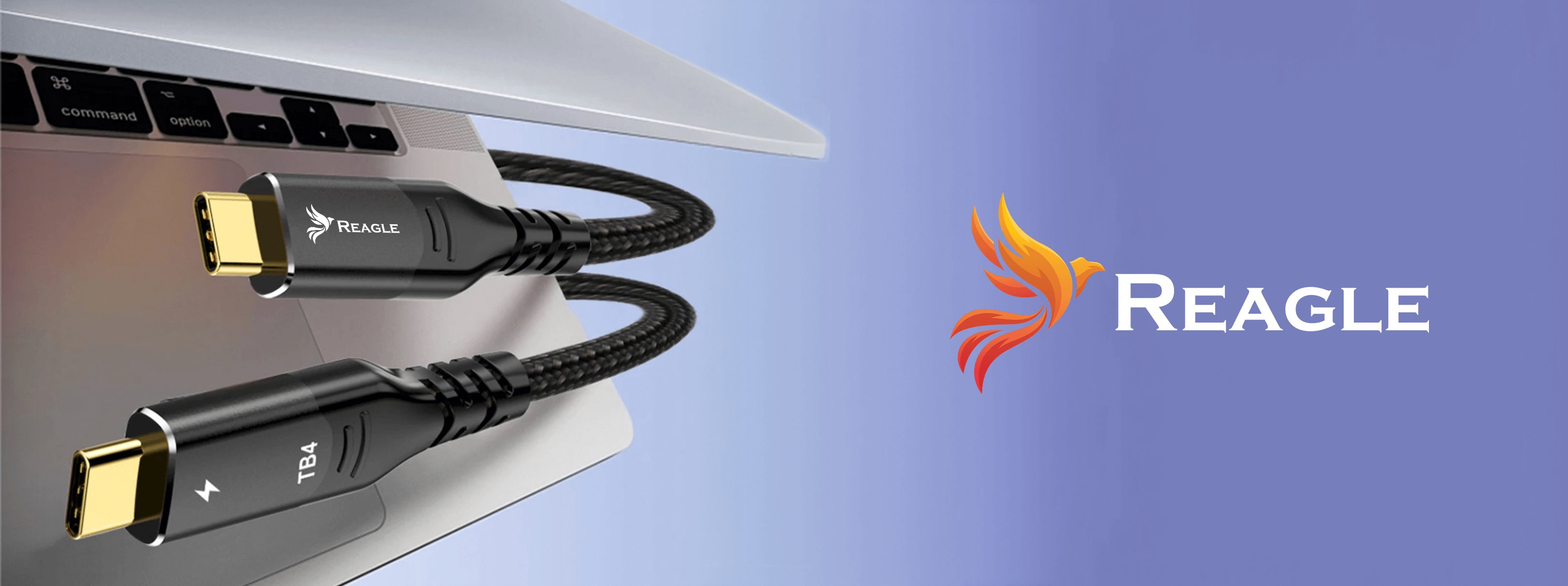 Dwa czarne kable Reagle USB-C podłączone do laptopa. Tło jest niebieskie z logo Reagle.