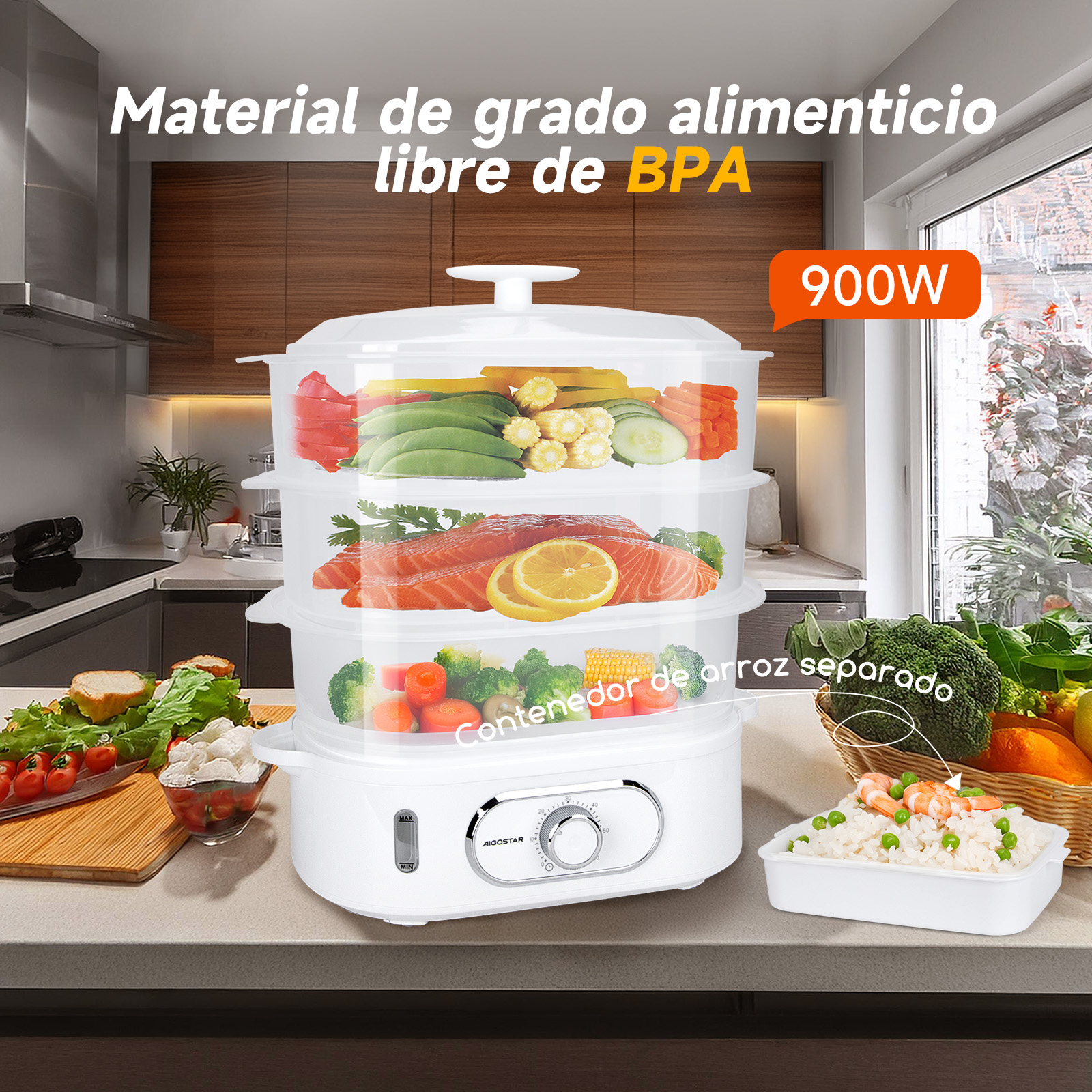 Una vaporera blanca con tres recipientes transparentes, verduras, salmón y arroz dentro.