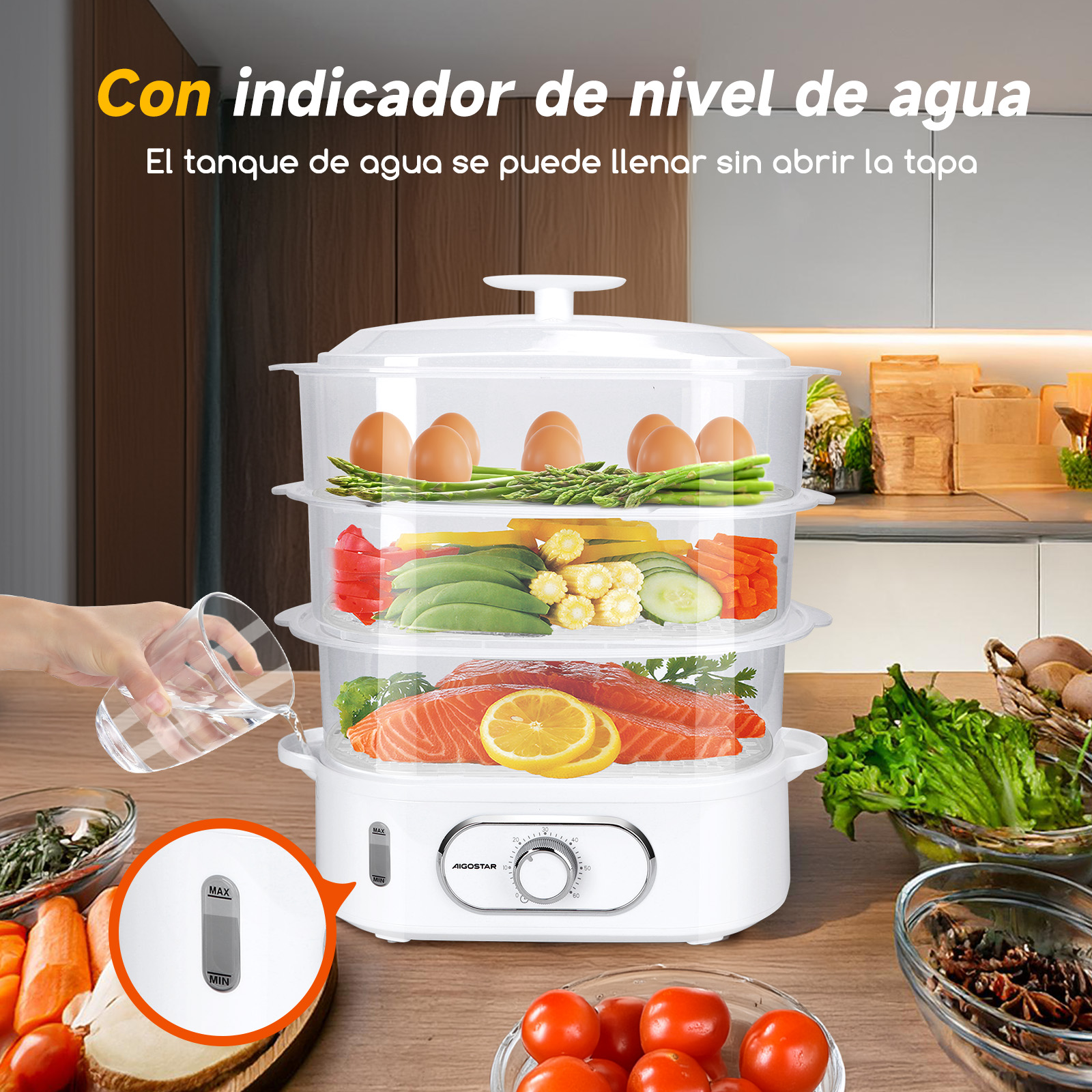 Una vaporera blanca con tres niveles que contienen alimentos. Se vierte un vaso de agua. El texto está en español.