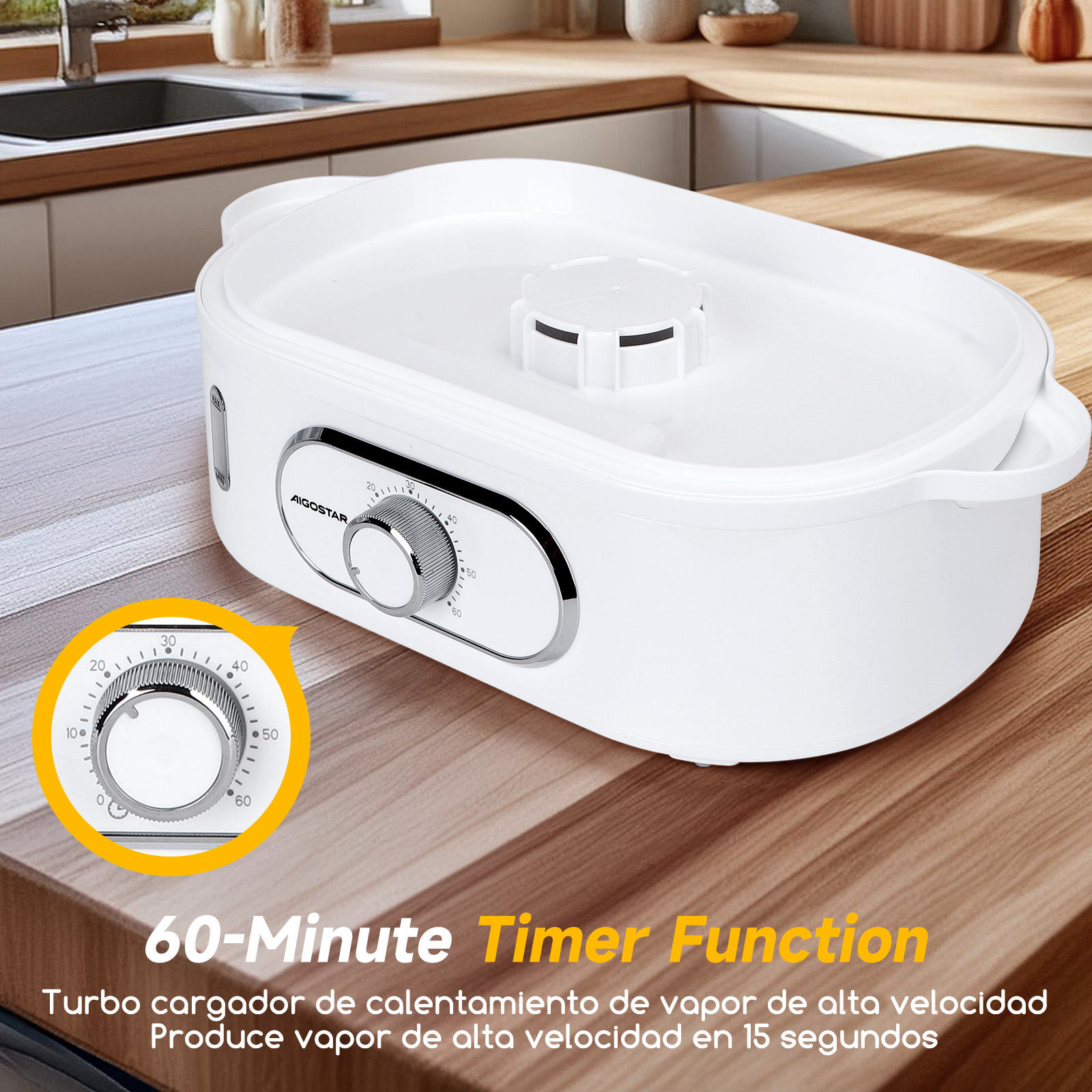 Un electrodoméstico blanco con temporizador y función de 60 minutos. El electrodoméstico está sobre una superficie de madera.