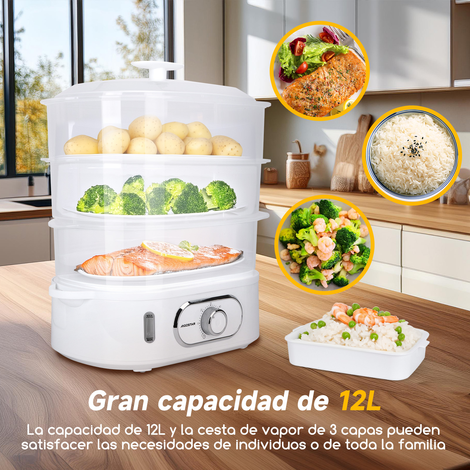 Vaporera con comida dentro, cuencos de comida cocinada y texto 'Capacidad de 12L'.