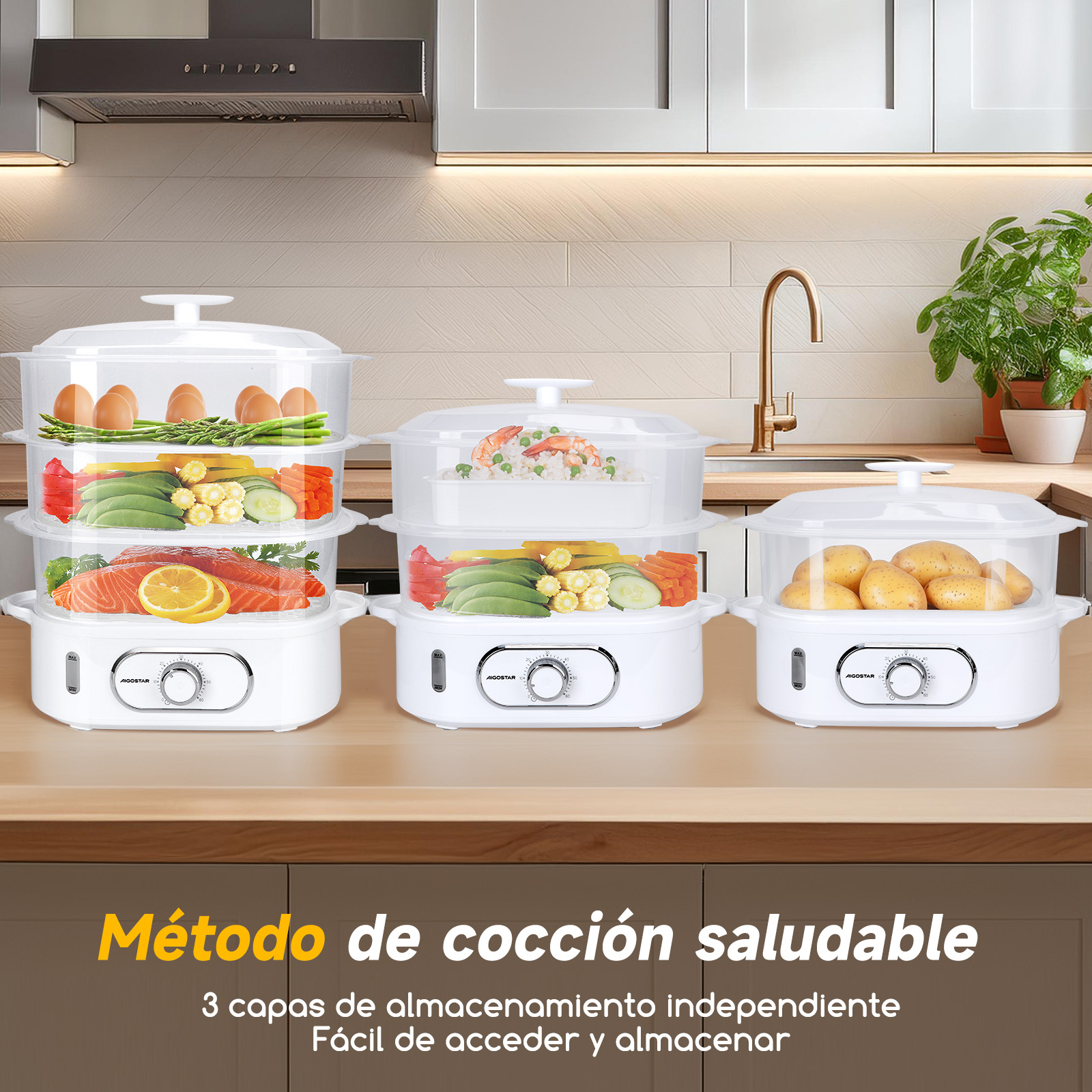 Vaporera de tres niveles con verduras, pescado y patatas, con texto en español.