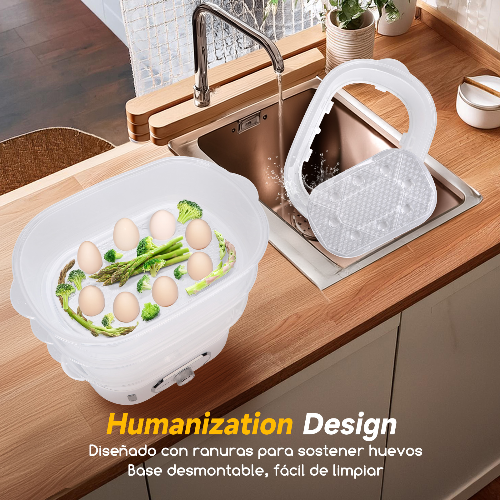 Vaporera de huevos con huevos, espárragos y brócoli. Muestra diseño y secciones.