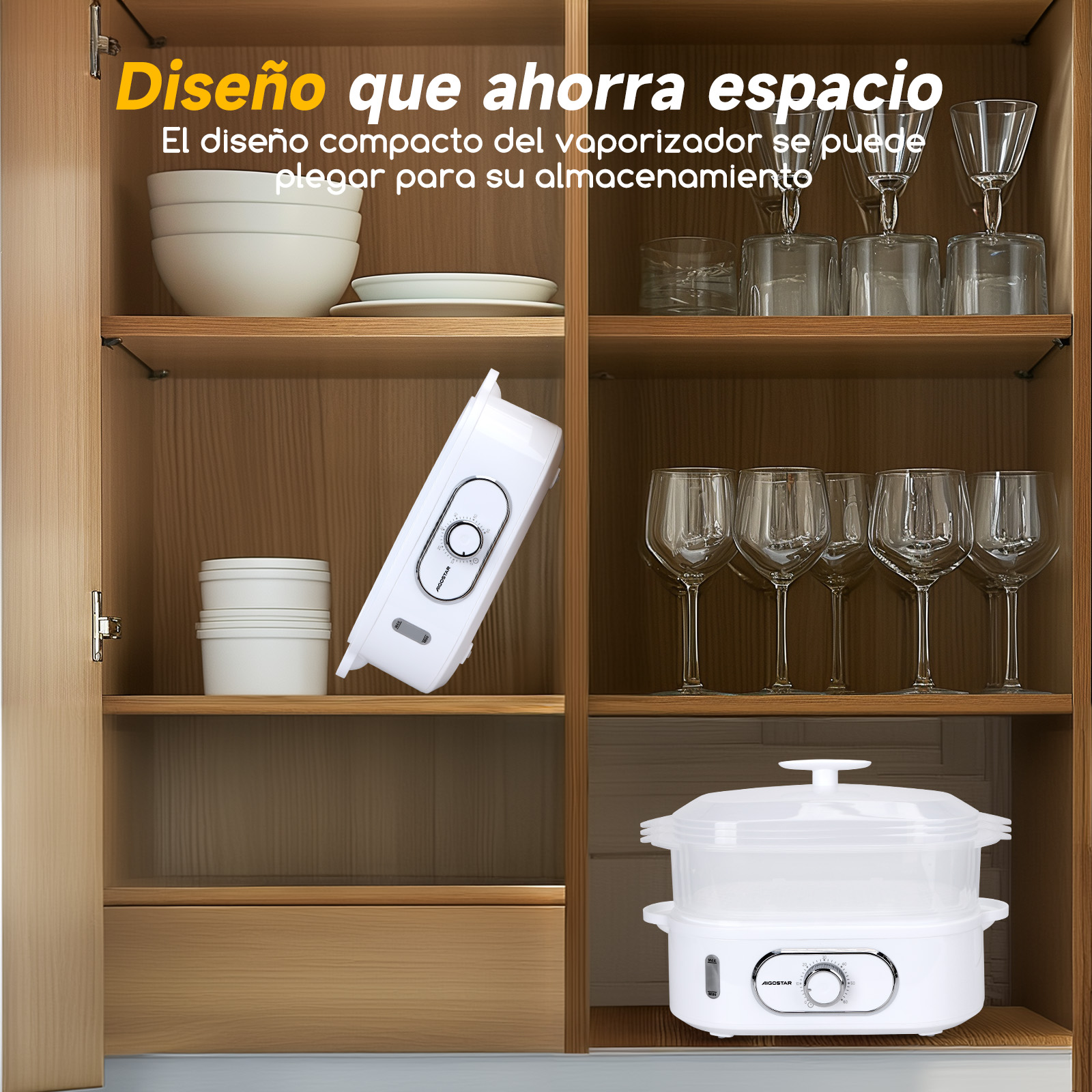Armario de madera con menaje de cocina, incluyendo platos, vasos y un vaporizador blanco.