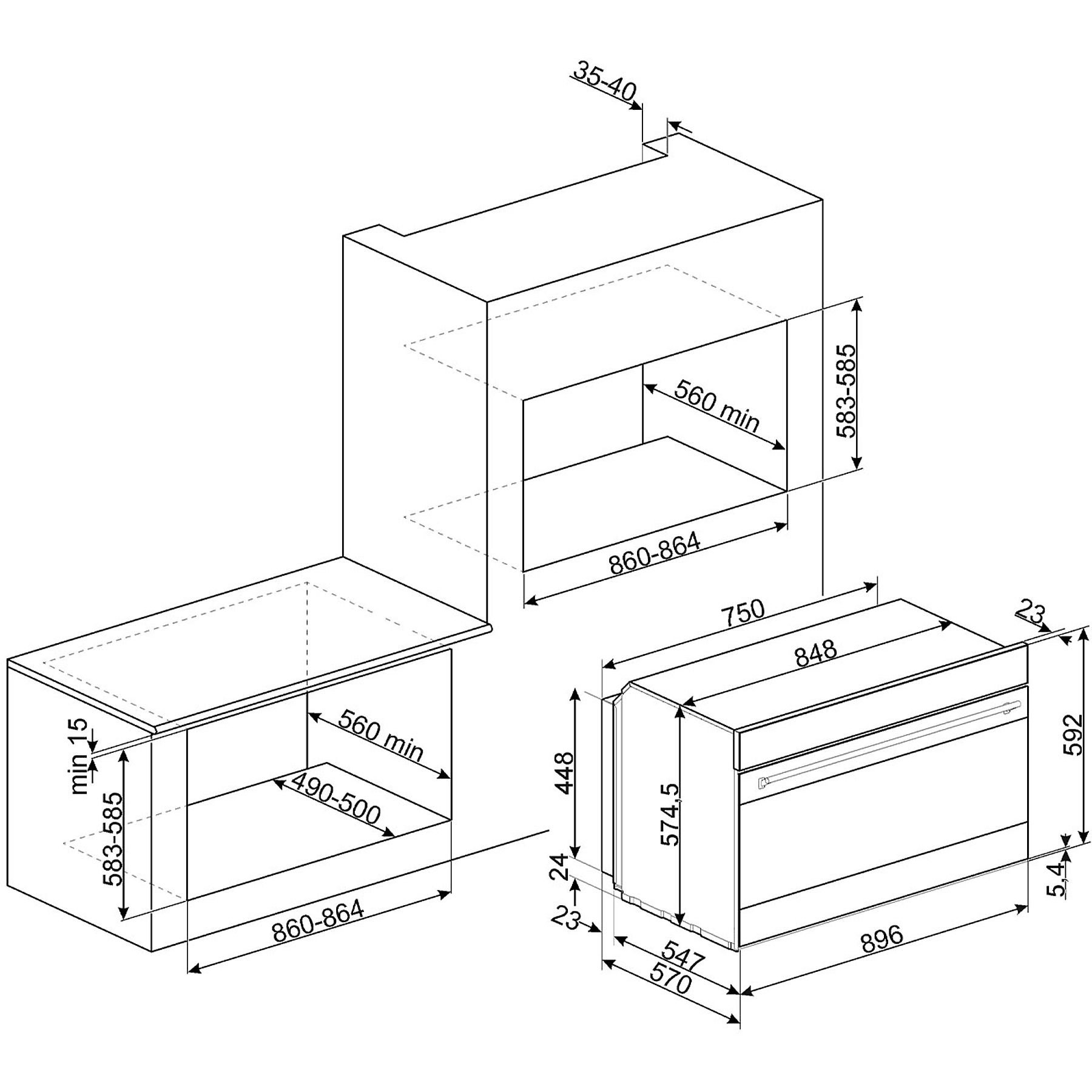 Diagrama arquitectónico de un electrodoméstico de cocina con dimensiones y etiquetas.