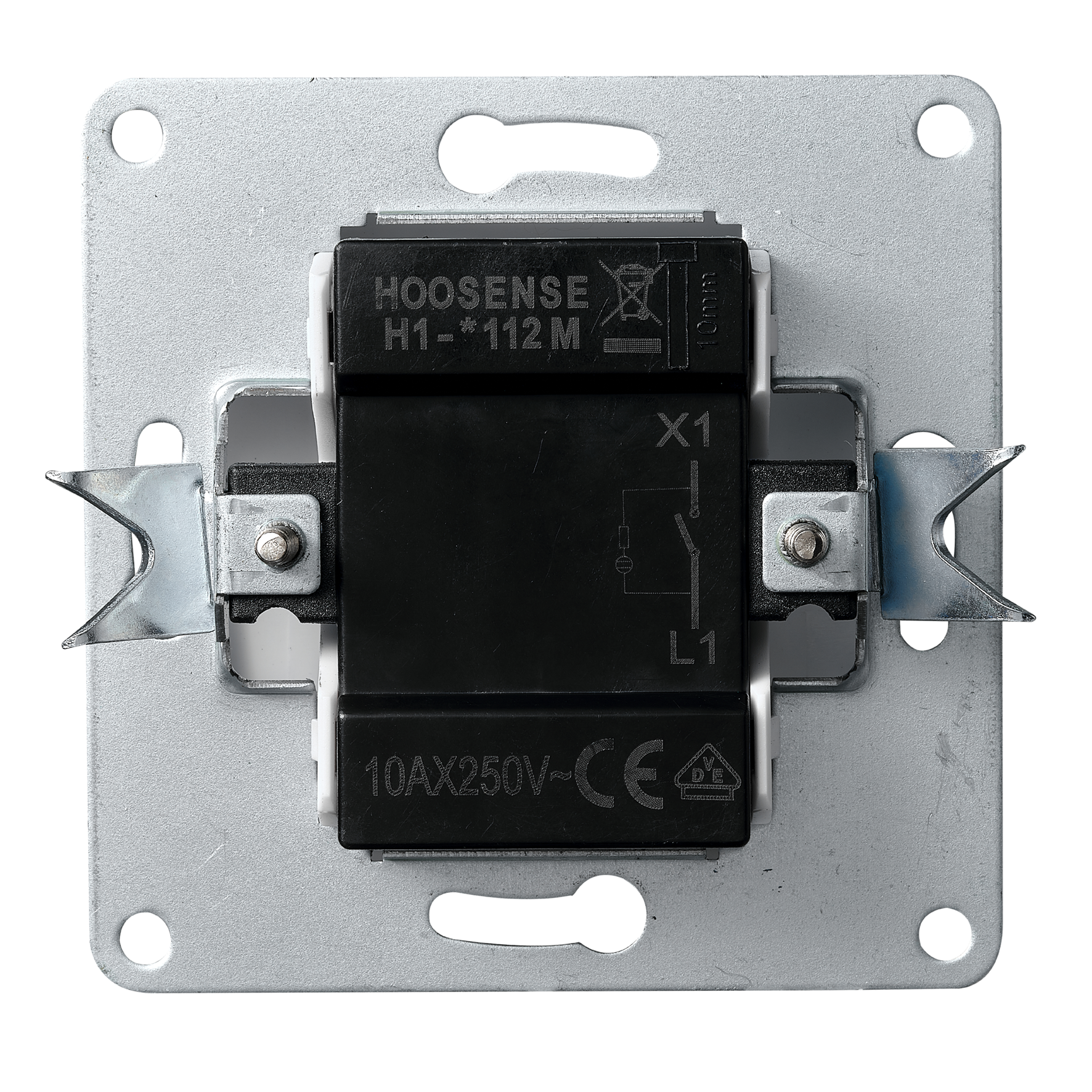 Eine schwarze elektrische Schalterkomponente mit weißem Text und einem Metallrahmen auf schwarzem Hintergrund.