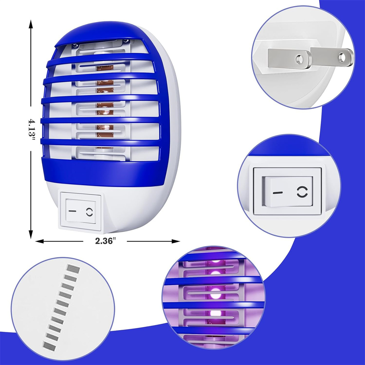 Blau-weißer elektrischer Insektenvernichter mit Ein-/Aus-Taste, Details des inneren Gitters.