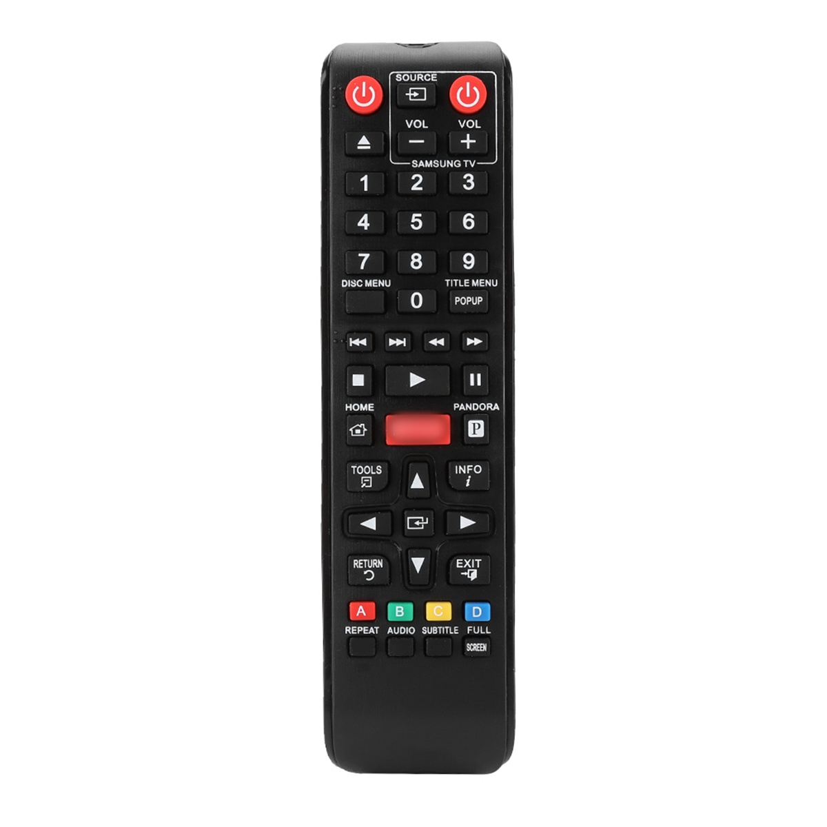 Eine schwarze Samsung TV-Fernbedienung mit verschiedenen Tasten und beschrifteten Funktionen.