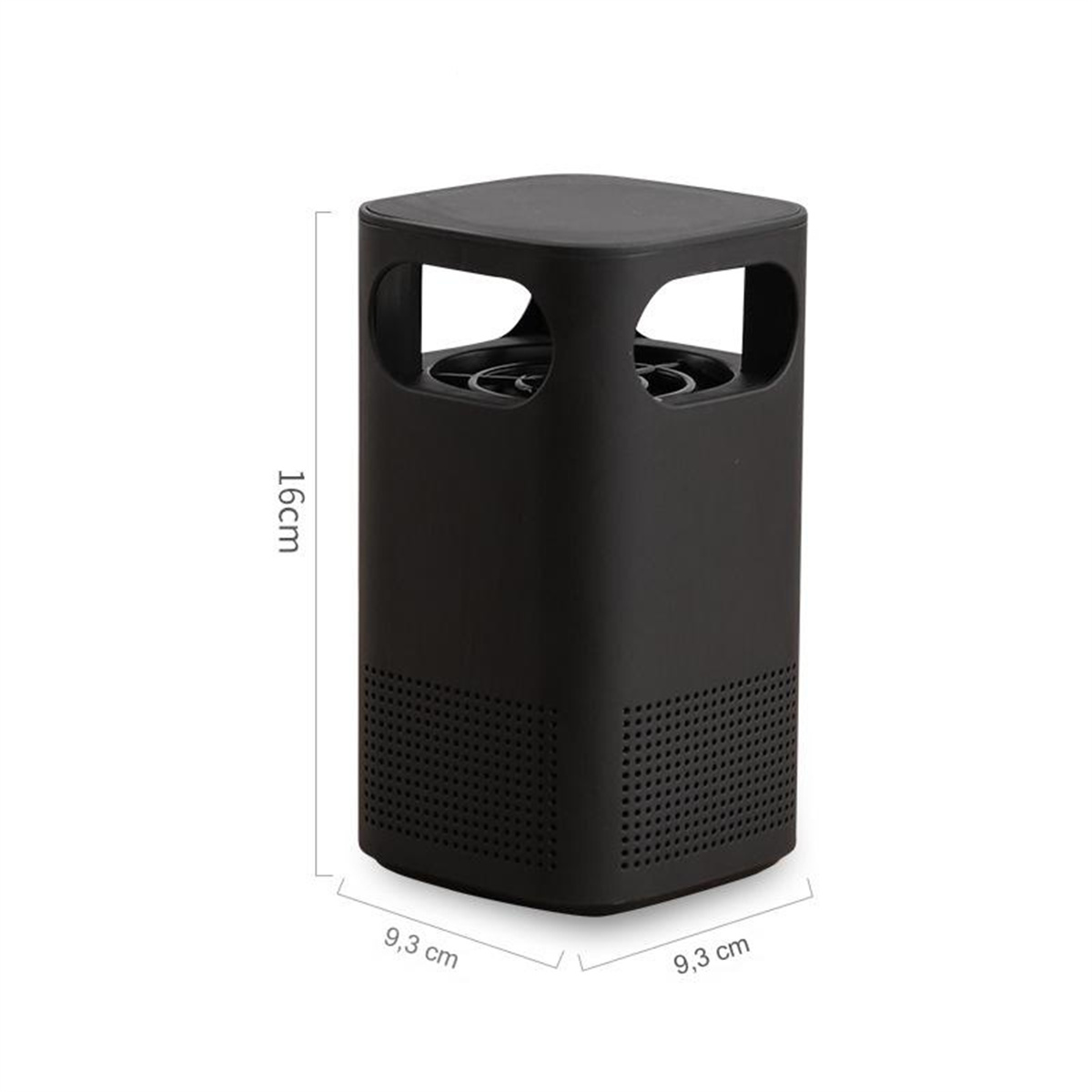 Schwarze Mückenfalle mit Abmessungen: 16 cm Höhe und 9,3 cm Seiten. Perforierte Seiten und eine obere Öffnung.