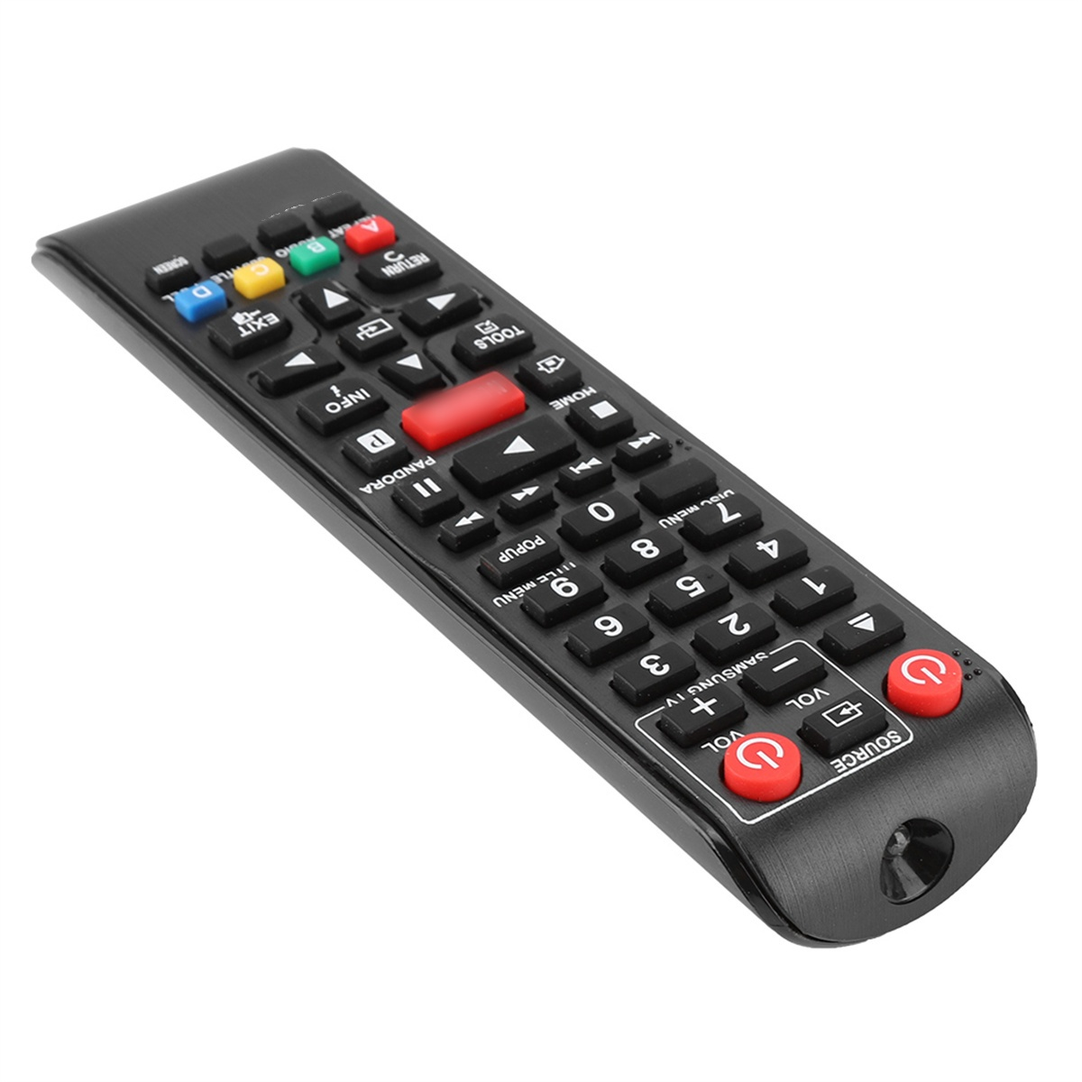 Schwarze Samsung TV-Fernbedienung. Tasten in verschiedenen Farben, darunter Rot, Grün und Gelb.