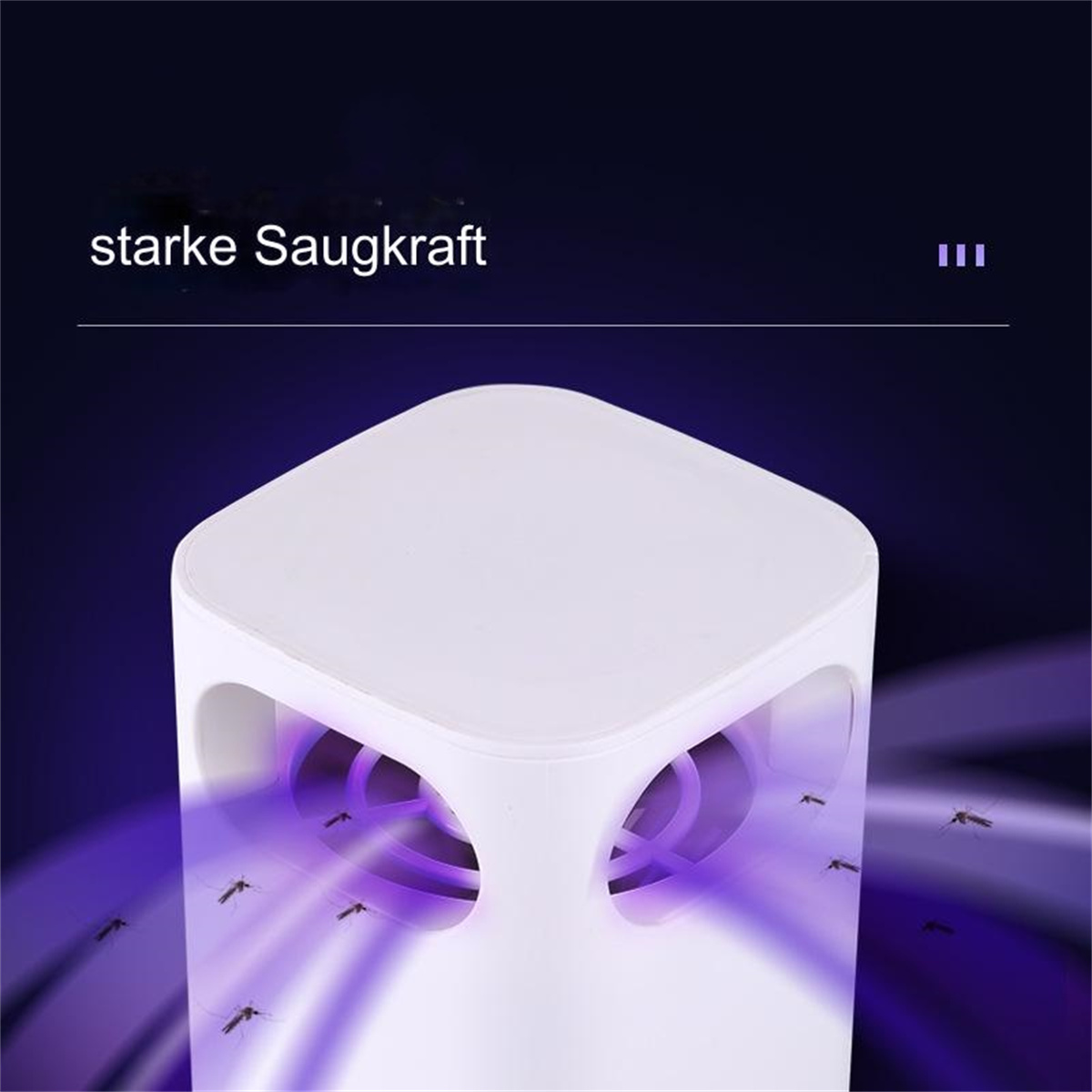 Weißer Mückenvernichter mit violettem Licht, umgeben von Insekten.