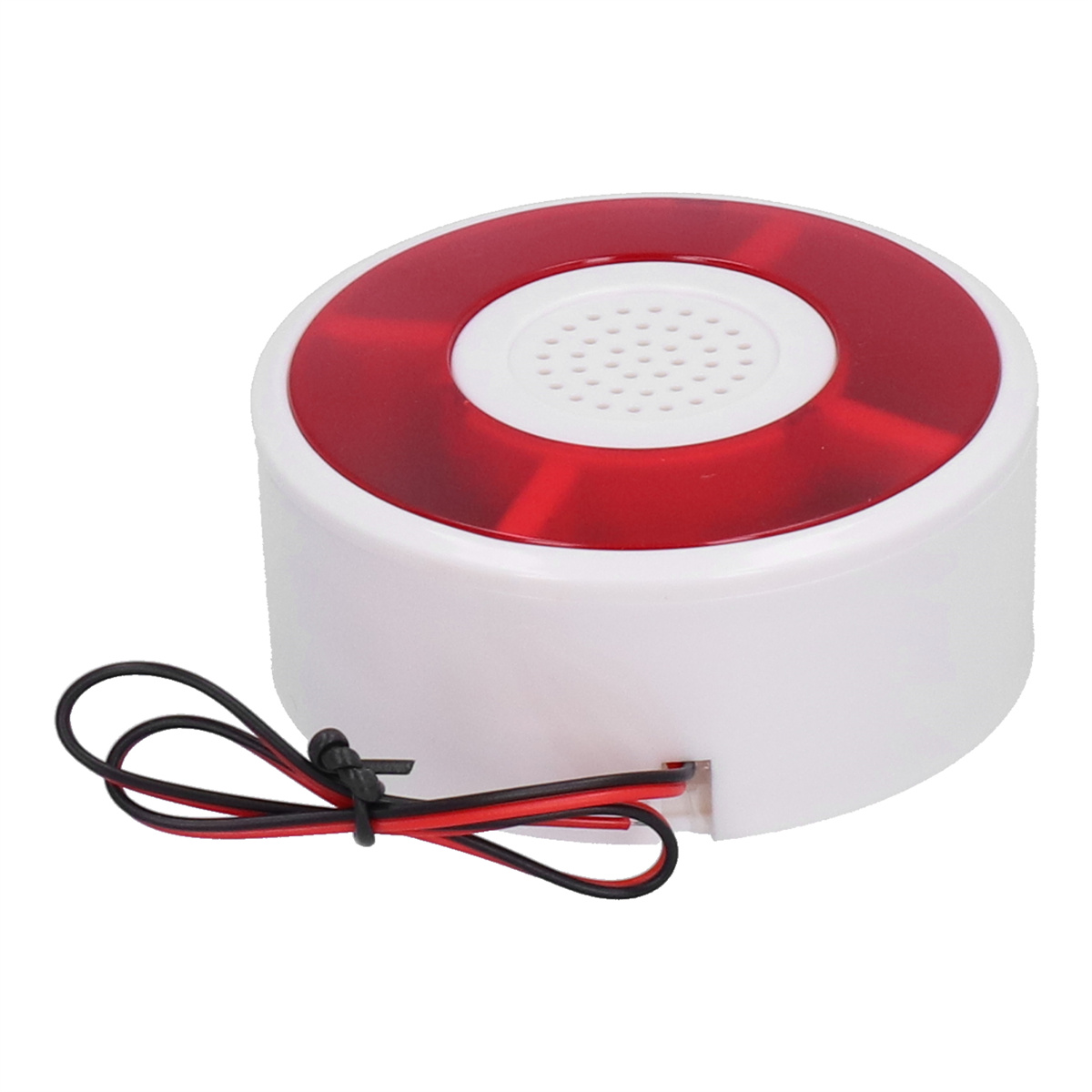 Ein weißer und roter Alarm mit zwei Drähten. Der Alarm ist rund.