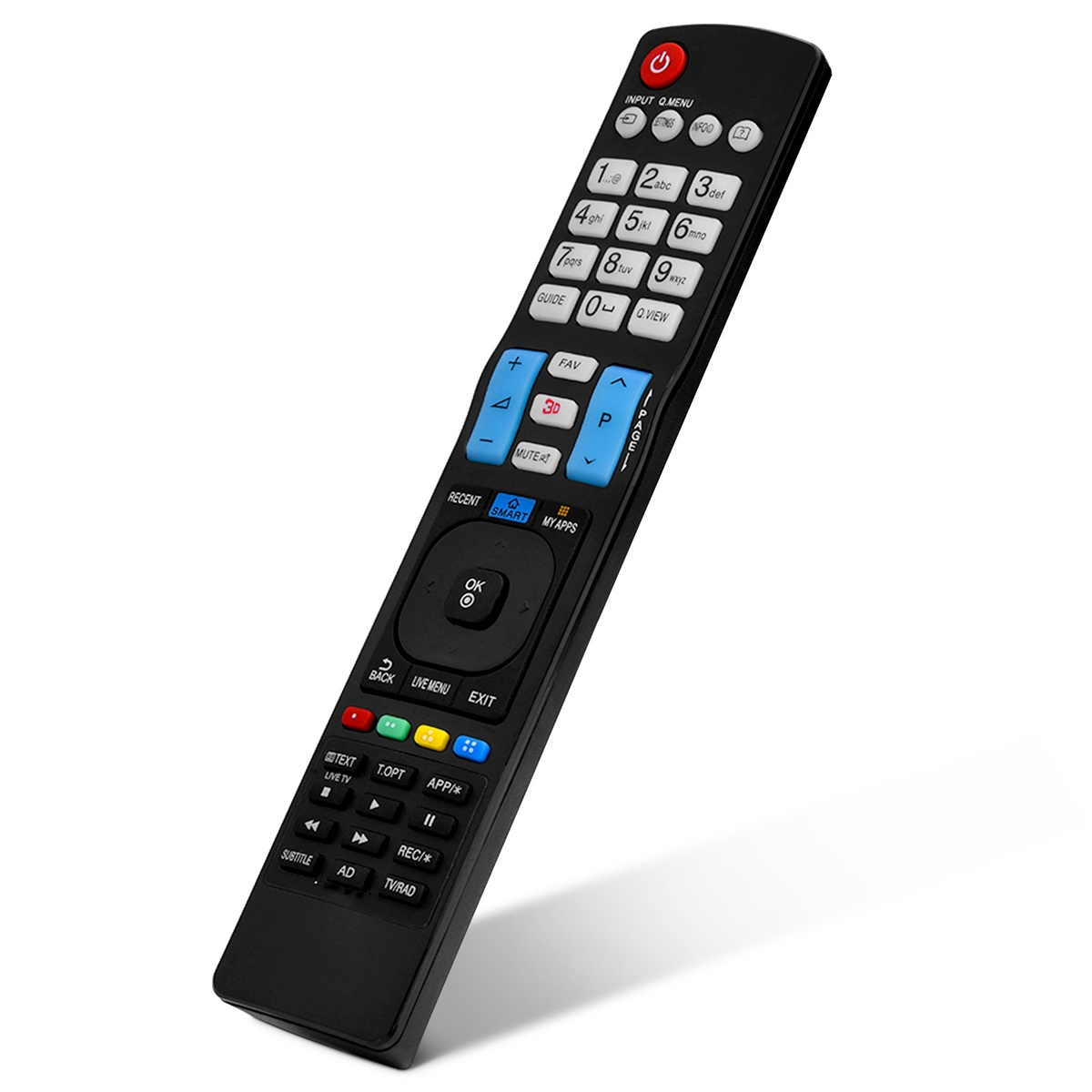 Schwarze TV-Fernbedienung mit vielen Tasten auf weißem Untergrund.