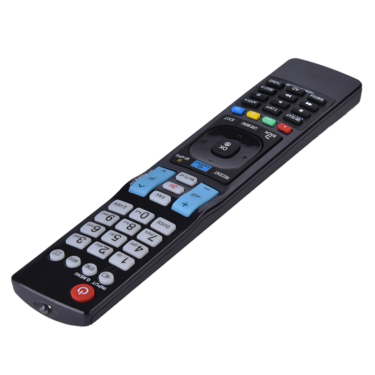 Schwarze LG-Fernbedienung mit verschiedenen Tasten, darunter Lautstärke, Kanal und eine rote Ein/Aus-Taste.