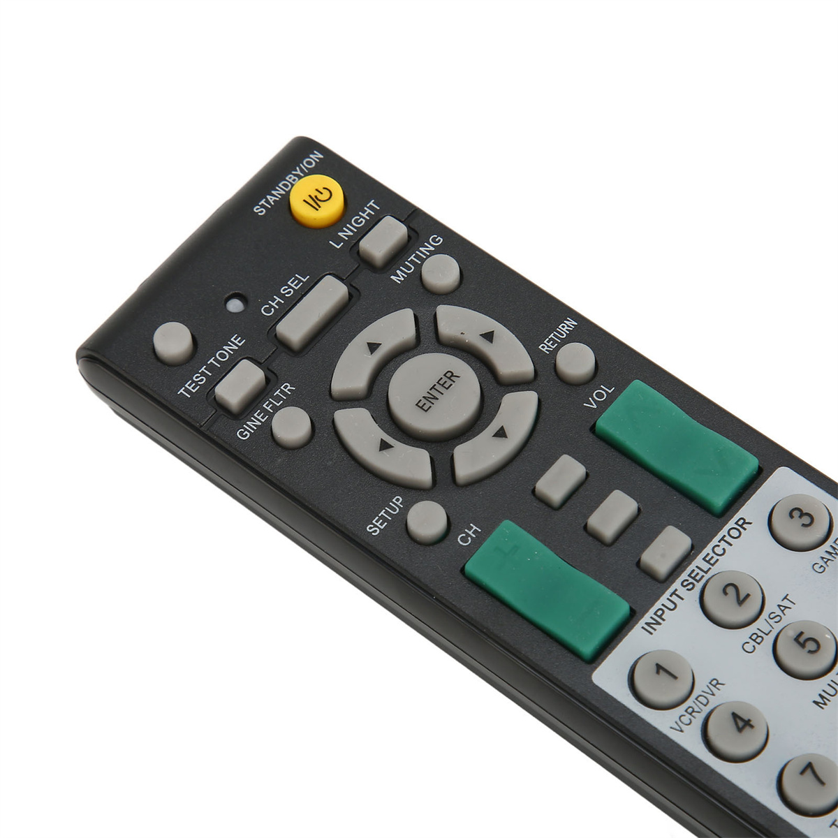 Schwarze TV-Fernbedienung mit mehreren Tasten, darunter Ein/Aus, Kanäle und Lautstärke.