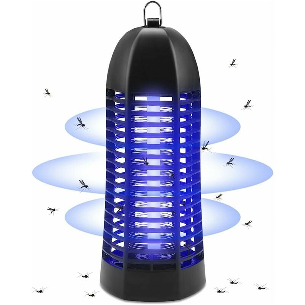 Schwarzer Insektenvernichter, der blaues Licht aussendet, umgeben von Mücken.