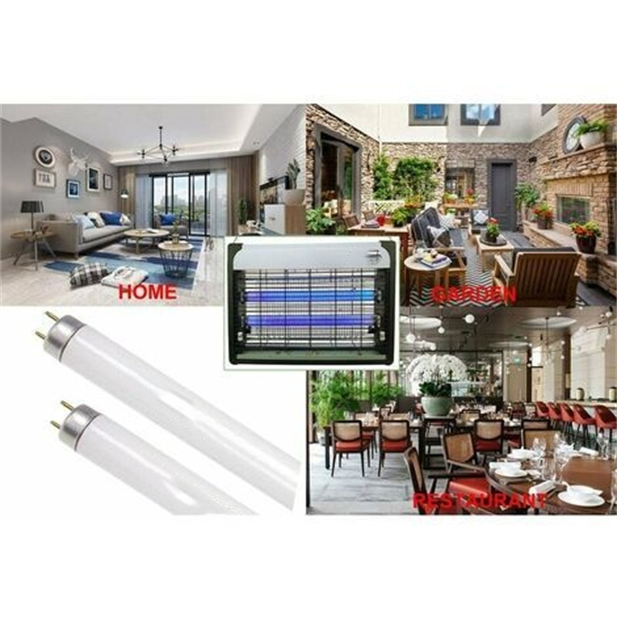 Collage von Bildern: Wohnzimmer, Terrasse, Restaurant und zwei Leuchtstoffröhren.