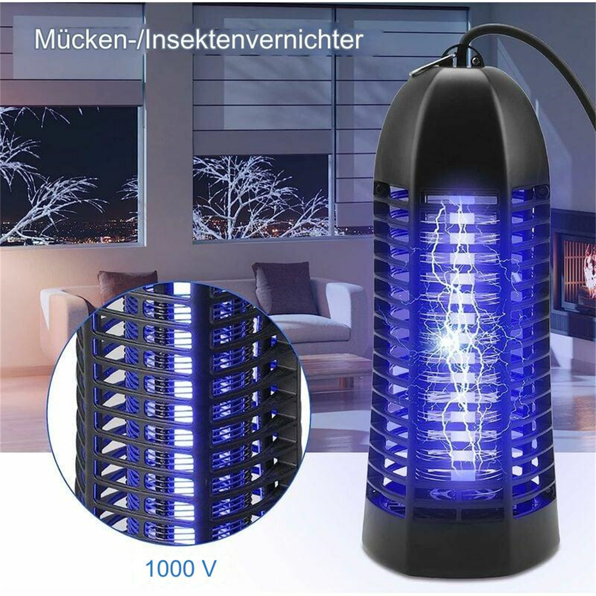 Schwarzer Insektenvernichter mit blauem Licht, beschriftet 1000 V, mit Zoom.