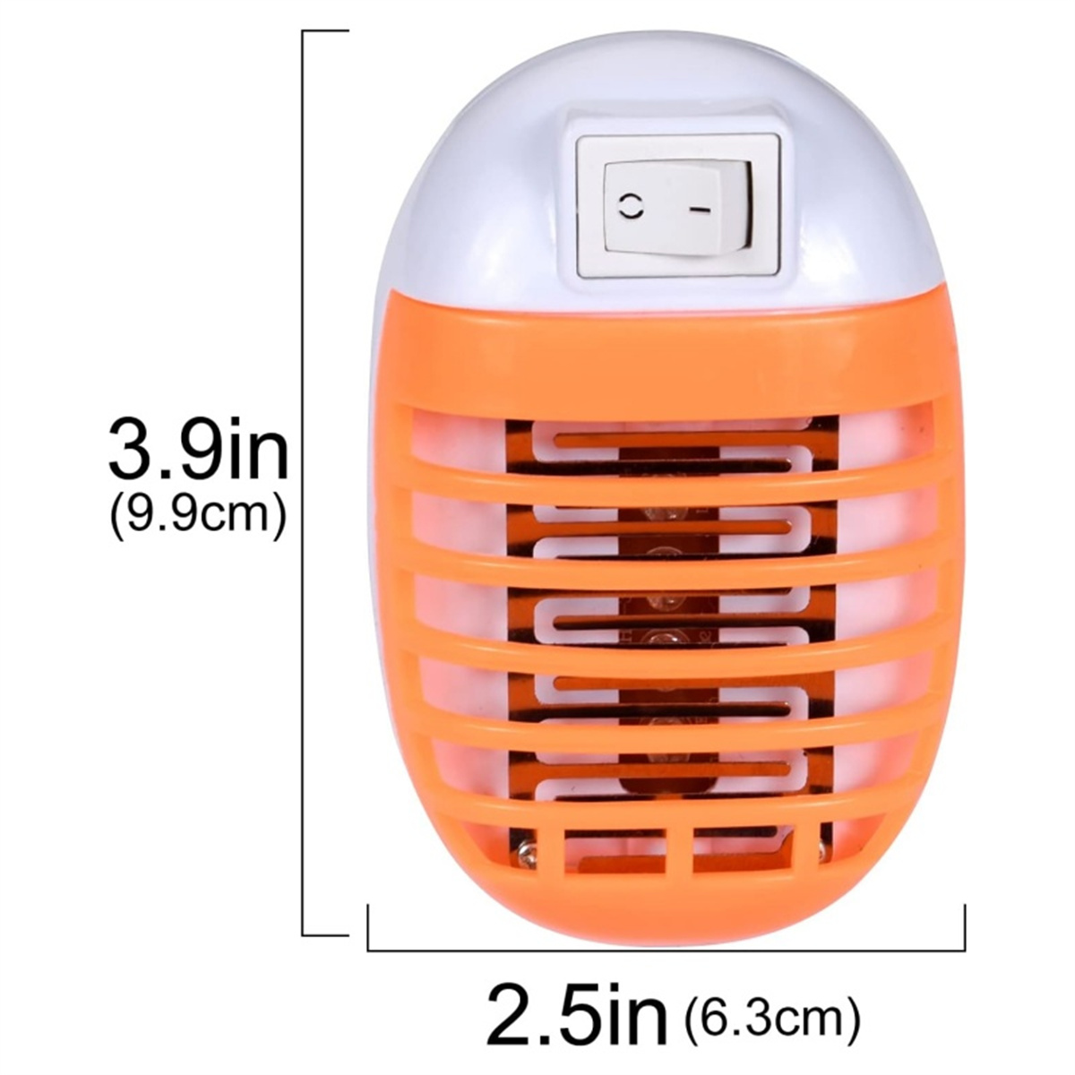 Ovale orange Moskitobekämpfung. Weißer Schalter. Abmessungen in Zoll und cm sind beschriftet.