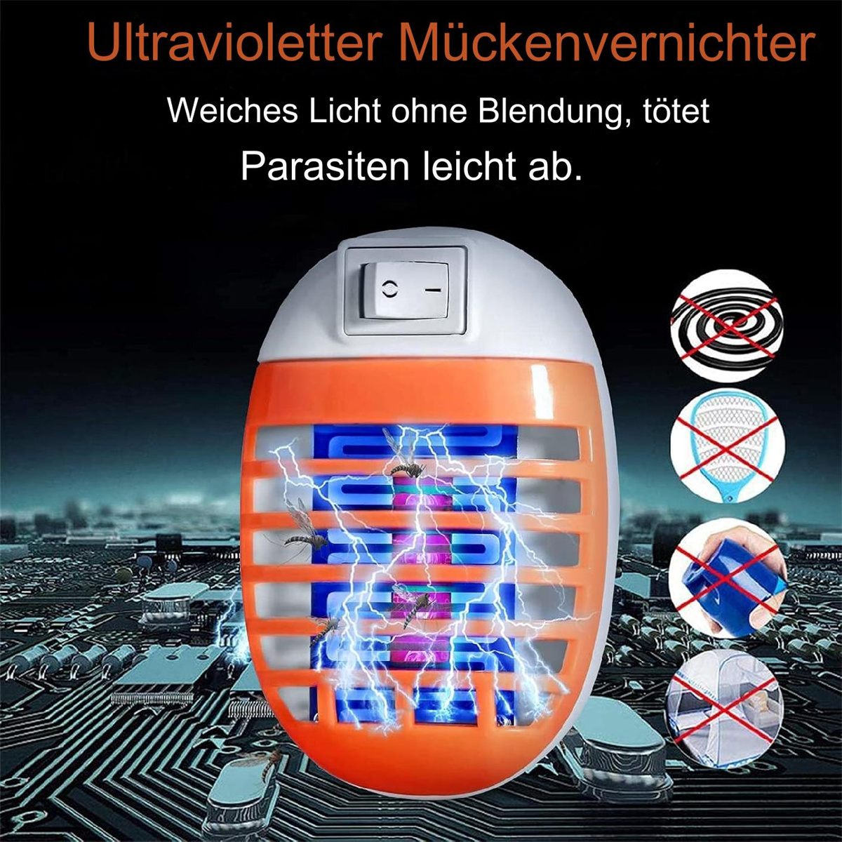 Ein Moskitokiller mit orangem Rahmen und weißer Oberseite. Deutsche Texte. Mehrere andere Insektenvernichter.