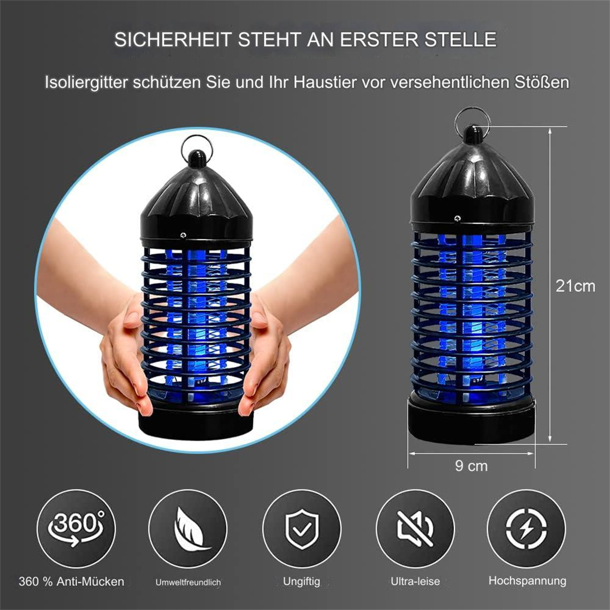 Zwei Insektenvernichter mit blauem Licht im Inneren. Text-Overlay: Sicherheit geht vor. 360° Anti-Mücken.