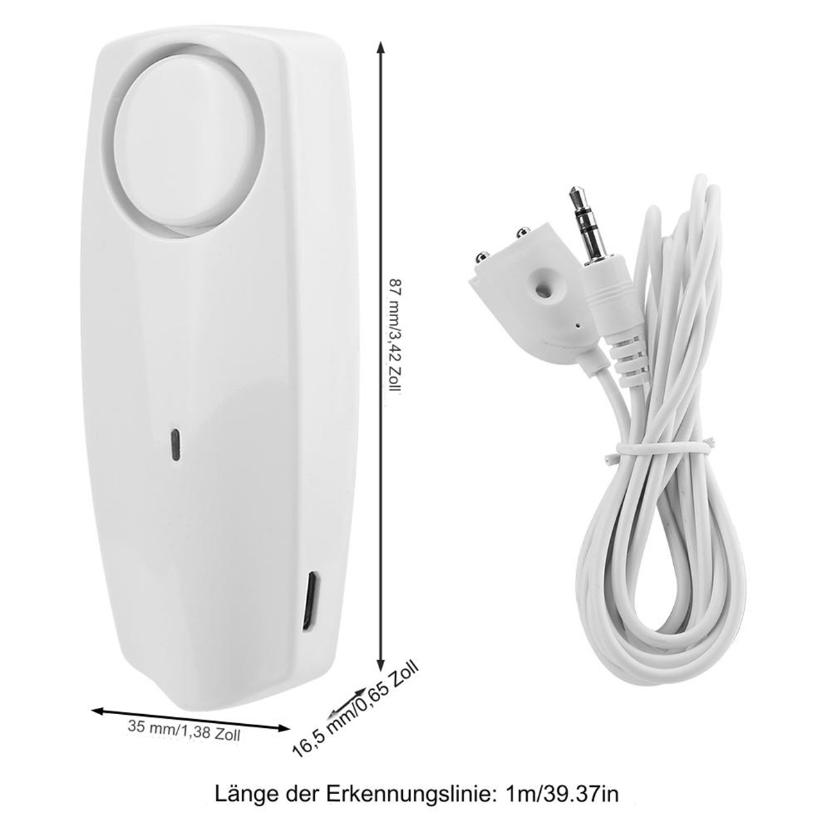 Ein weißes Alarmgerät mit Abmessungen und einem Kabel mit einem Stecker.