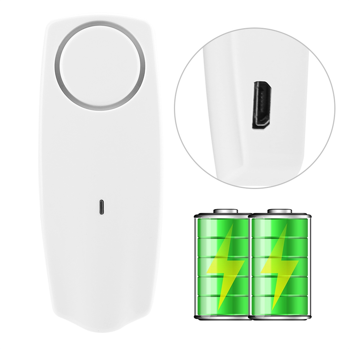 Weißes Gerät mit Kreis und Knopf, USB-Anschlussdetail. Zwei grüne Batterien mit Blitz.