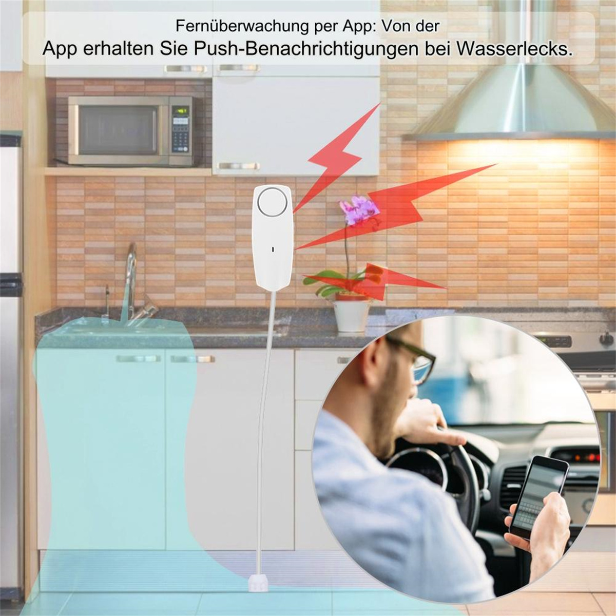 Smart-Home-Gerät in einer Küche, Person benutzt ein Telefon.