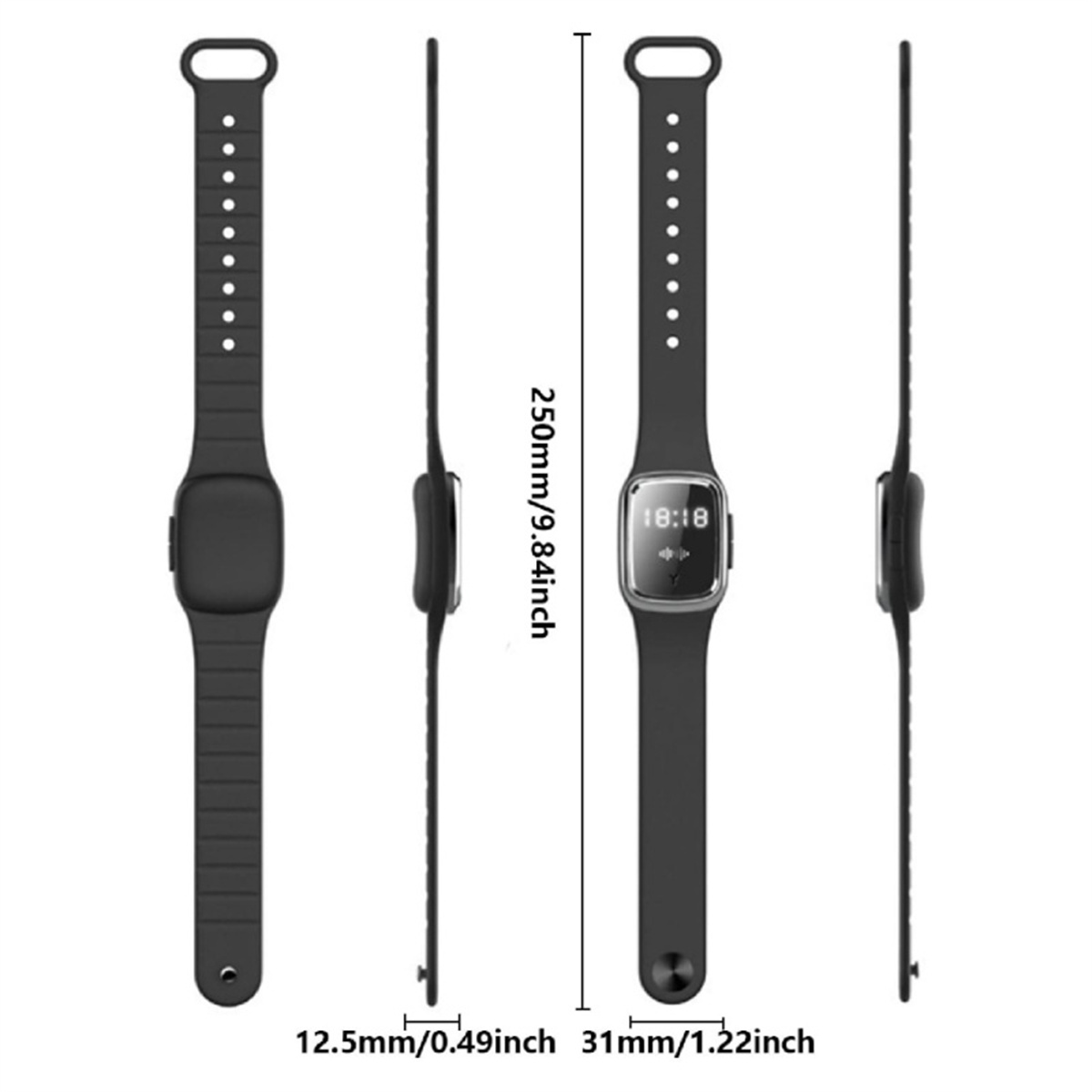 Schwarze Smartwatch. Die Uhr rechts zeigt die Uhrzeit 18:18 auf dem Bildschirm an.
