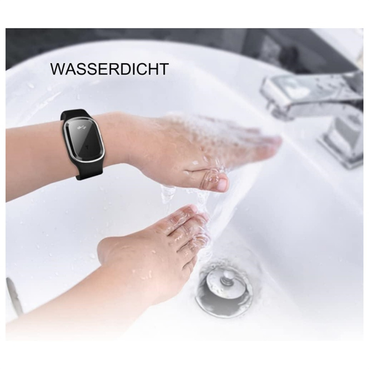 Hände mit schwarzer Smartwatch, Wasser läuft darüber. Text: 'Wasserdicht'.
