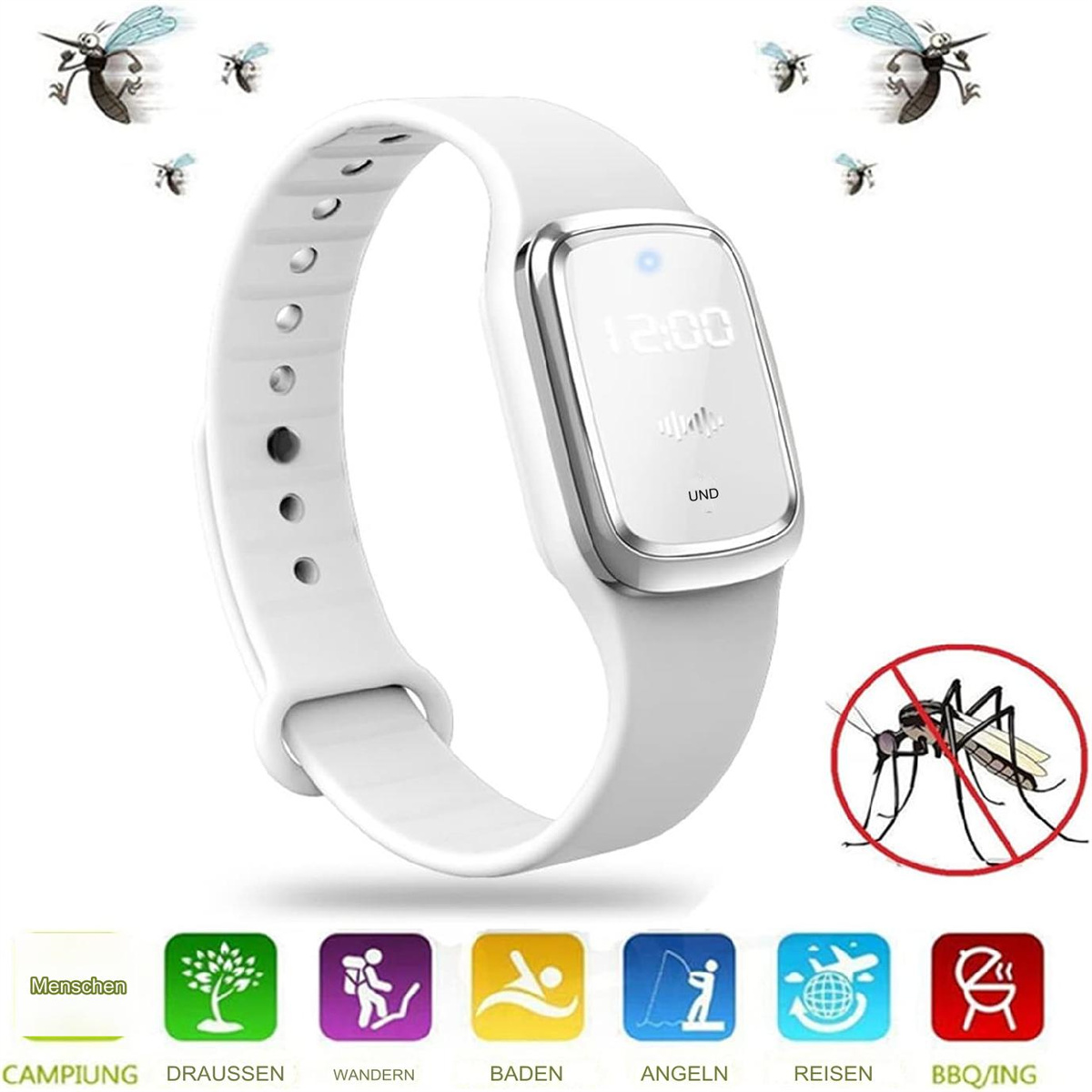 Weißes Armband mit Bildschirm und Symbolen für Camping, Outdoor, Wandern, Schwimmen, Angeln und Grillen.