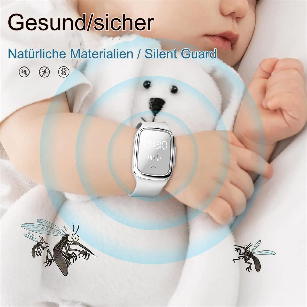 Ein Baby, das eine Uhr mit einem Bildschirm trägt, der die Uhrzeit anzeigt. Mücken sind um das Baby herum abgebildet.