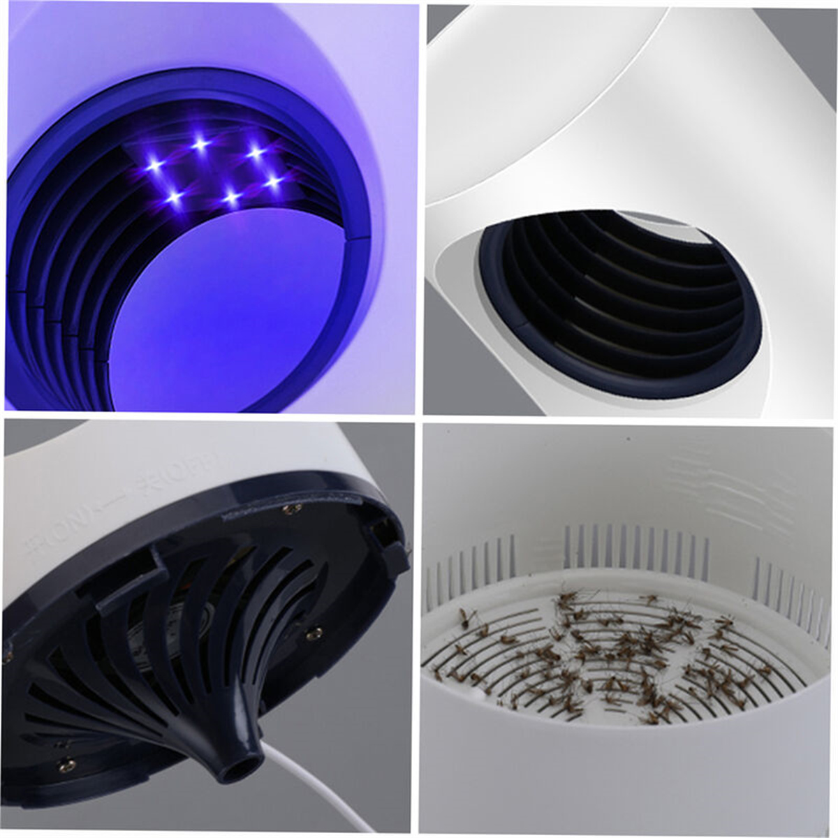 Vier Bilder einer weißen Moskitofalle. Sie zeigt blaues Licht, einen Ventilator und gesammelte Insekten.