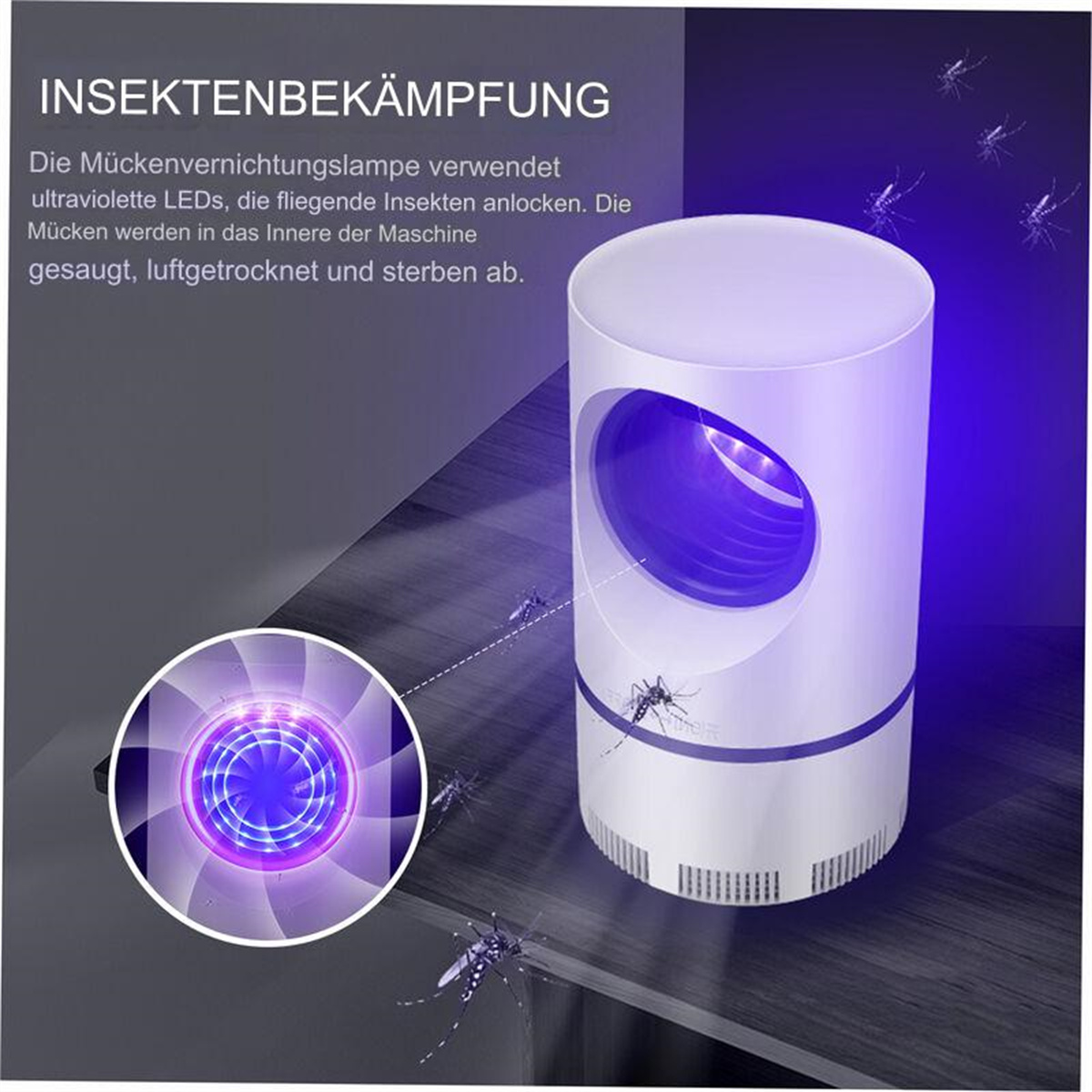 Ein zylindrischer Insektenvernichter mit sichtbarem violettem Licht, umgeben von Zeichentrickmücken, mit Text in Deutsch.