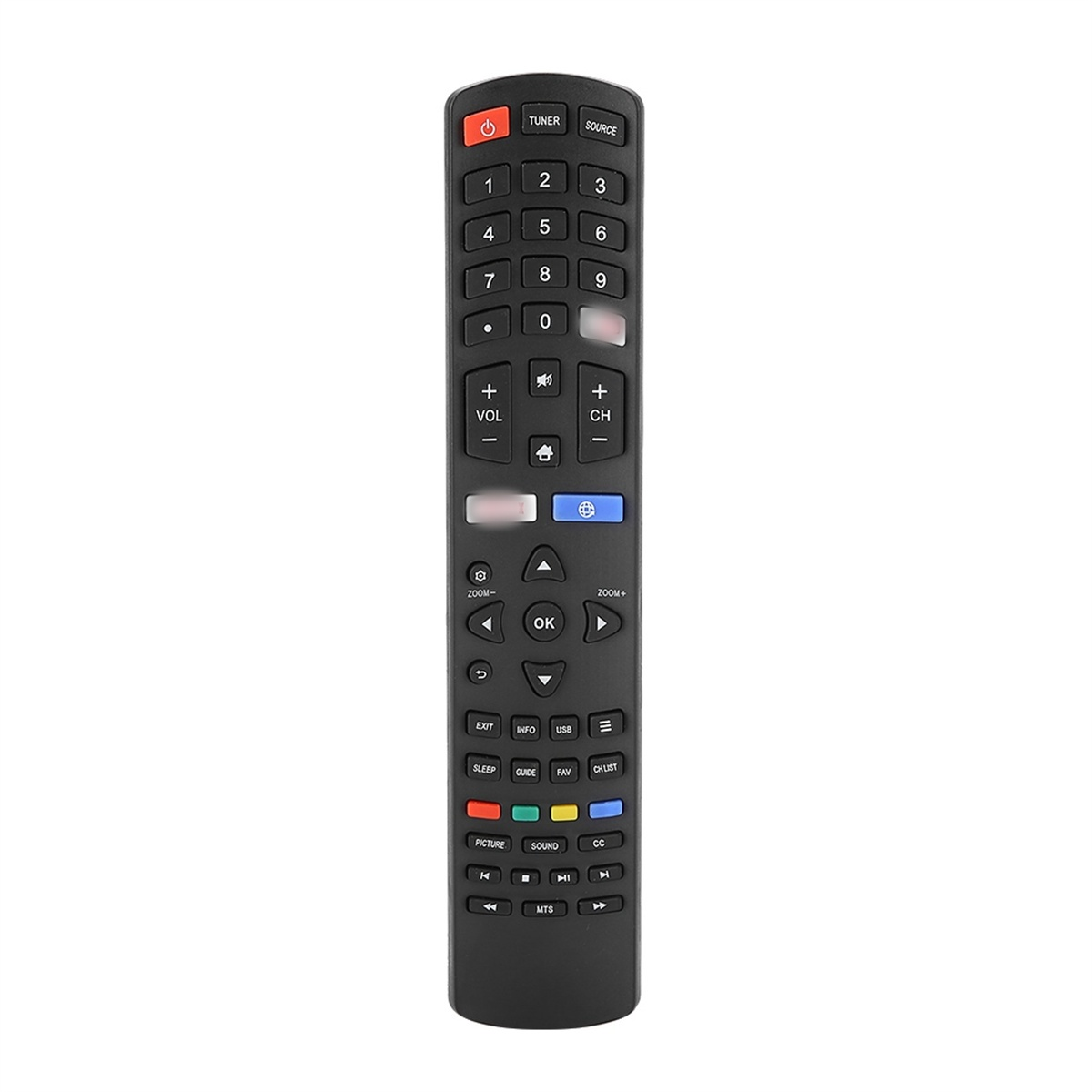 Schwarze TV-Fernbedienung mit vielen Tasten. Zahlen 1-9, Lautstärke, Kanal- und Quellregler.
