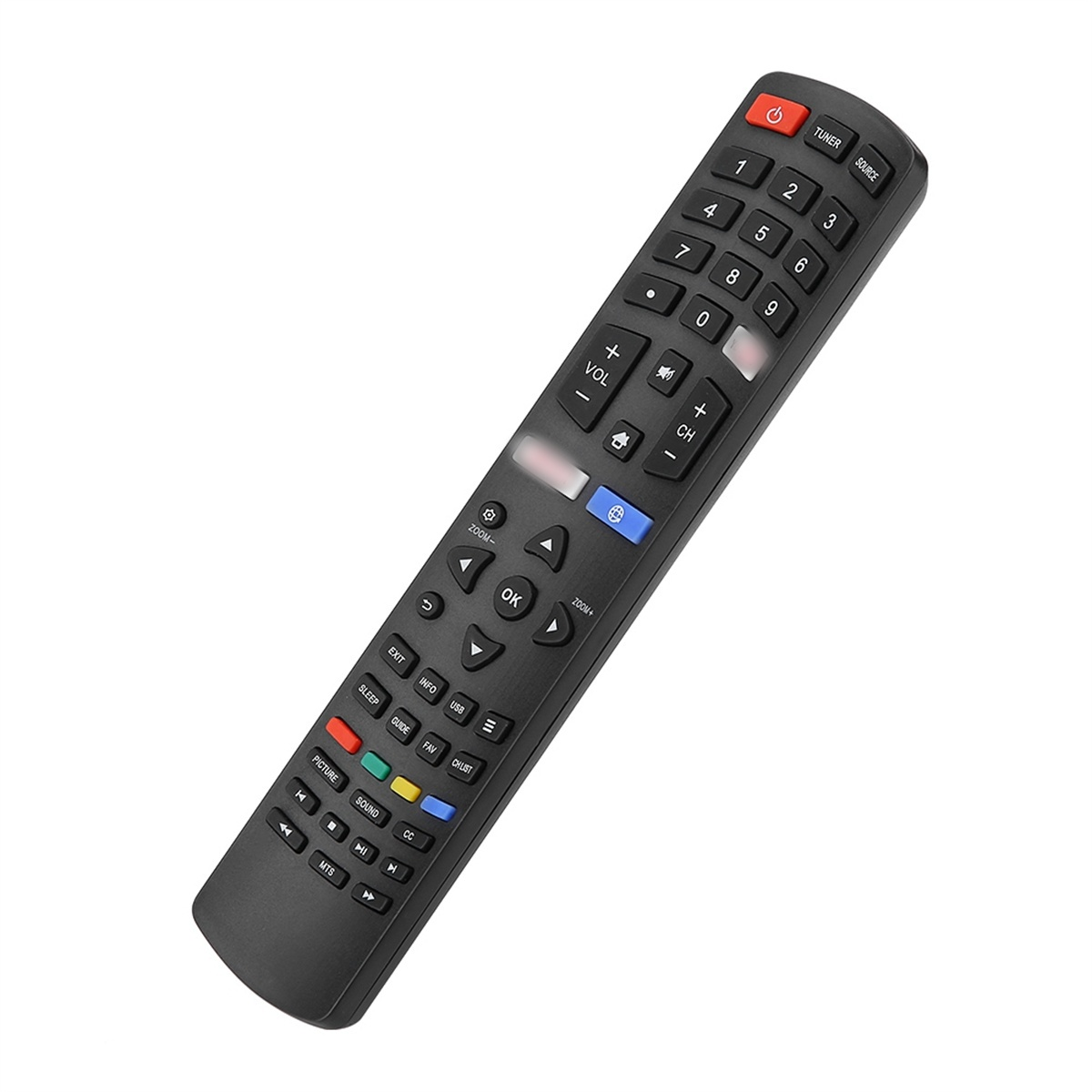 Schwarze TV-Fernbedienung mit verschiedenen Tasten, auf weißem Hintergrund.