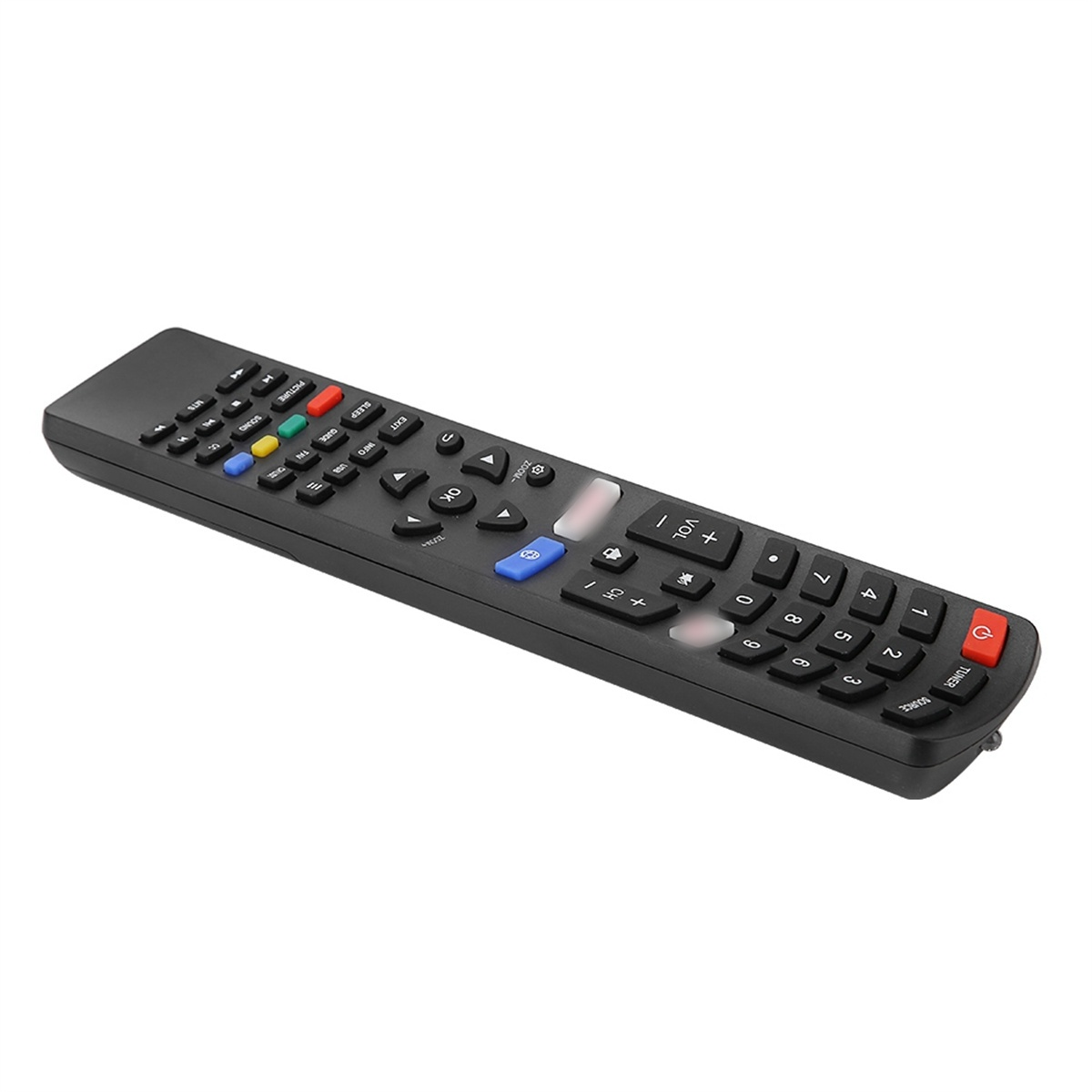 Schwarze TV-Fernbedienung mit verschiedenen Tasten, isoliert auf weißem Hintergrund.
