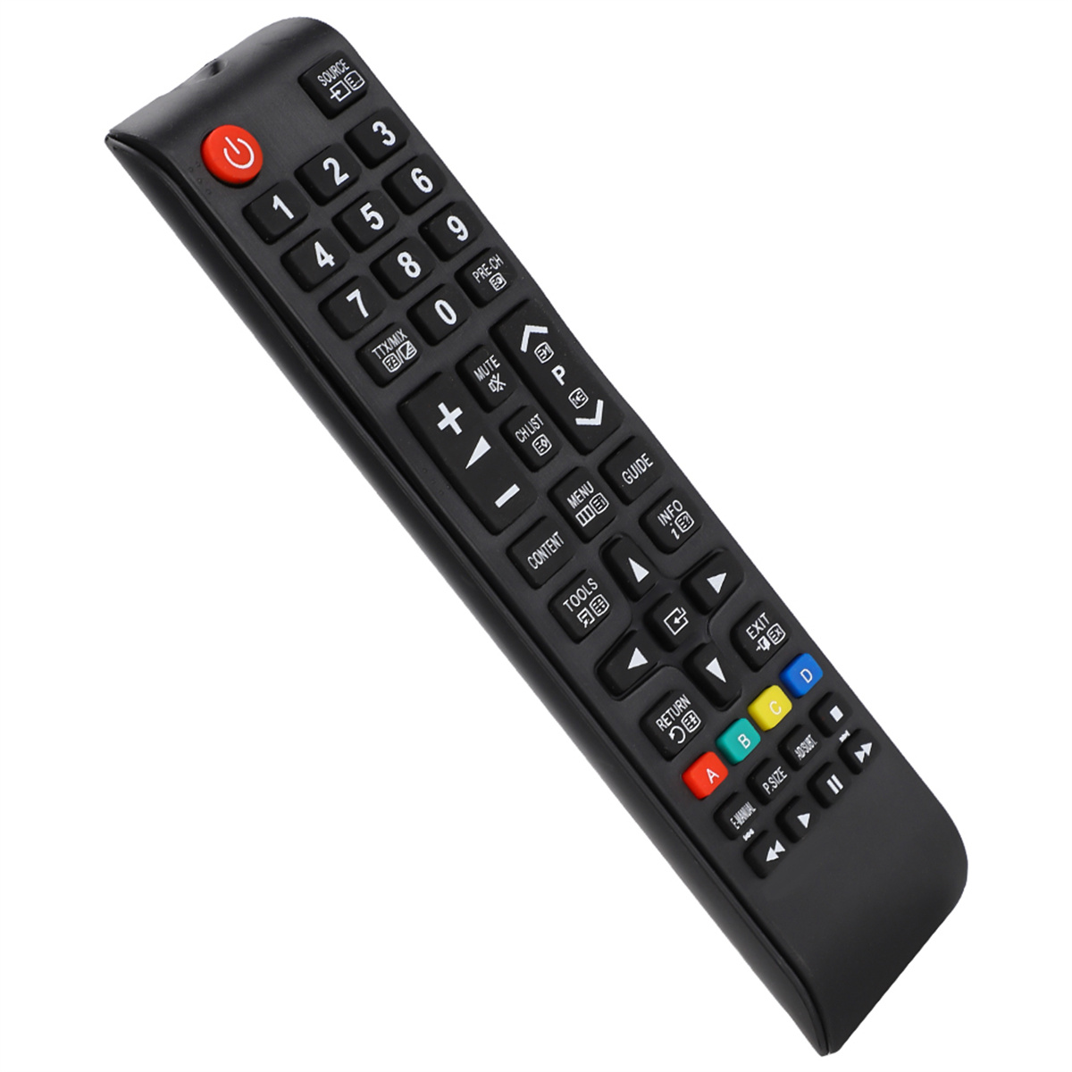 Eine schwarze TV-Fernbedienung mit einer Vielzahl von Tasten, darunter Zahlen und Kanalsteuerungen.