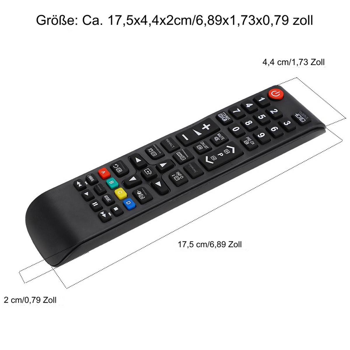 Schwarze TV-Fernbedienung mit Tasten. Abmessungen in cm und Zoll sind angegeben. Weißer Hintergrund.