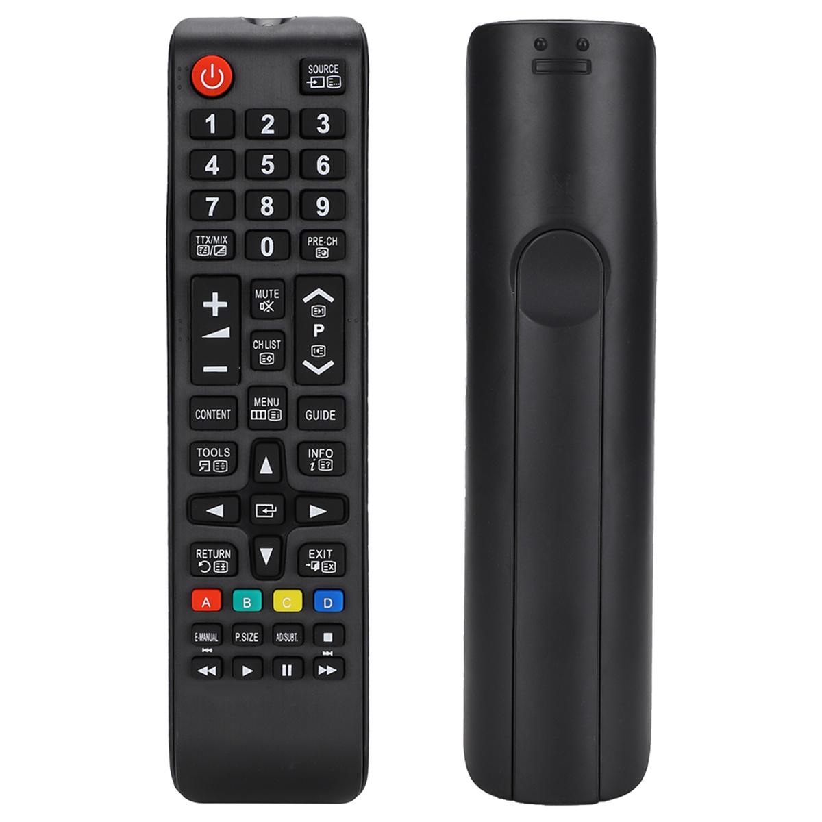 Schwarze TV-Fernbedienung, Vorder- und Rückansicht, weißer Hintergrund.