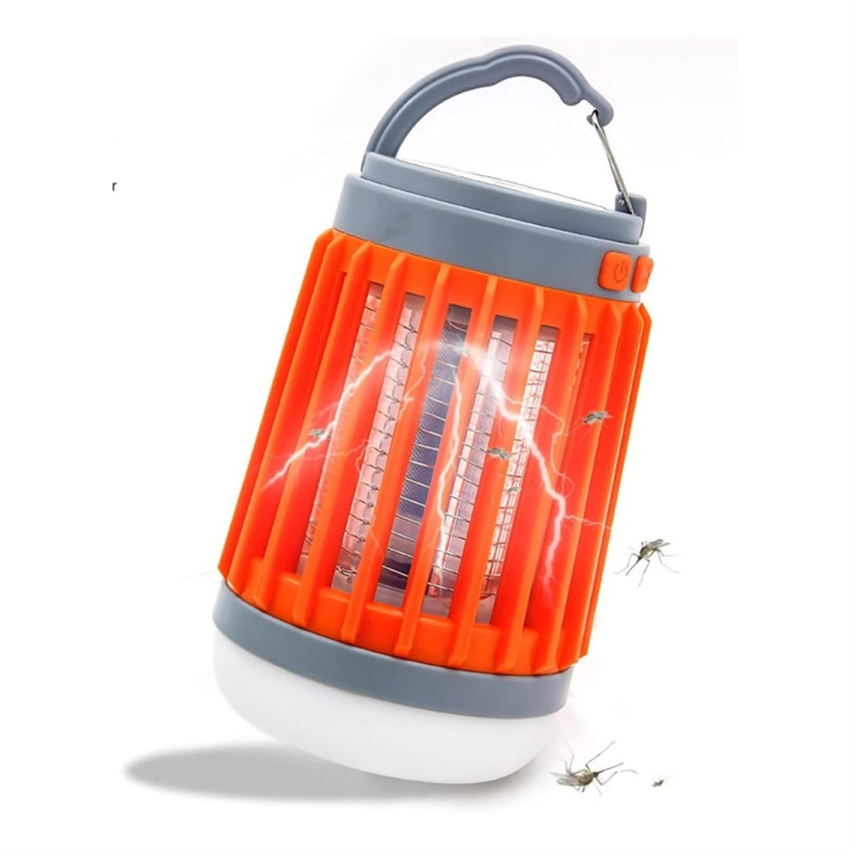 Eine orangefarbene und graue Mückenvernichterlampe mit Blitz. Mücken sind darum herum.