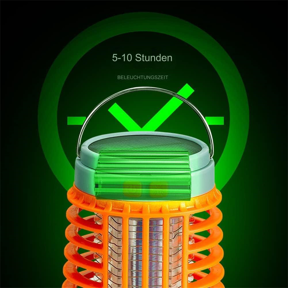 Orange und grüner Insektenvernichter, mit einem grünen Kreis und Text mit den Worten '5-10 Stunden' und 'BELEUCHTUNGSZEIT'.