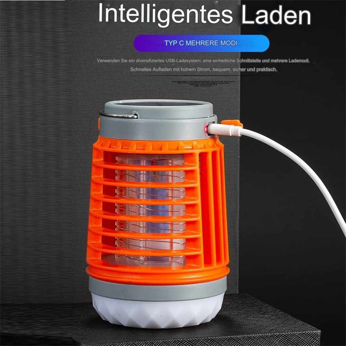 Orange-graue Moskitokiller-Lampe mit weißem Ladekabel. Text: 'Intelligentes Laden' und 'Typ C'.