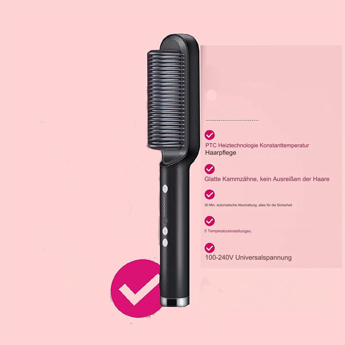 Ein schwarzer Haarglättungskamm mit weißen Textetiketten und Häkchen. Ein rosa Kreis mit einem Häkchen befindet sich in der Ecke.