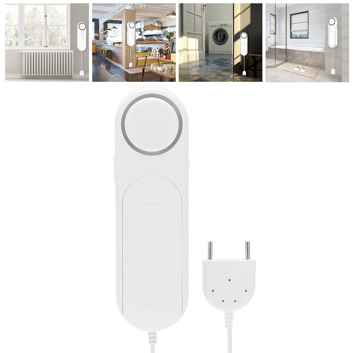 Weißes Gerät mit Stecker und Kabel. Das Gerät wird in verschiedenen Innenräumen angezeigt.