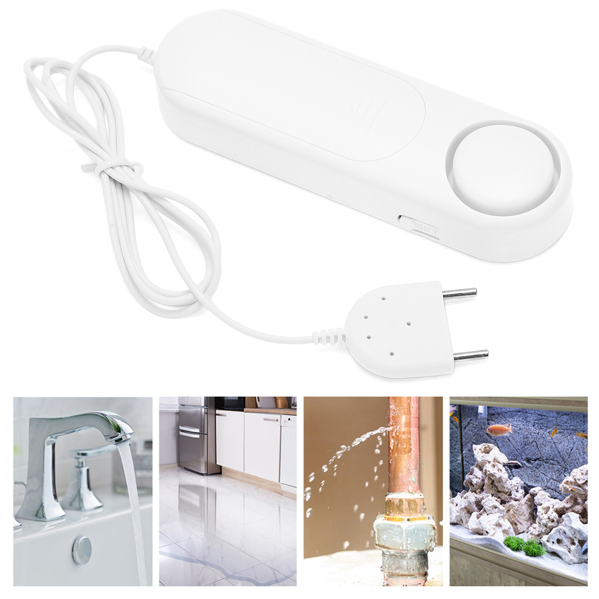 Weißer Wasserleckdetektor mit Netzkabel und Stecker. Mehrere Bilder von Wasserschäden.