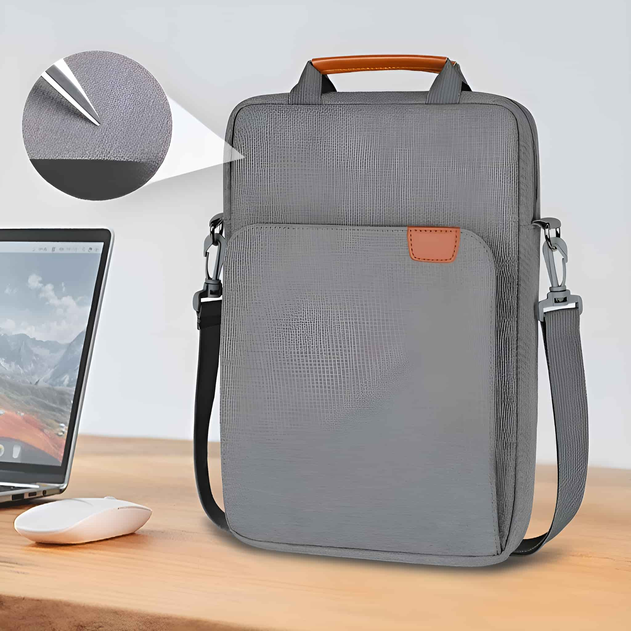 Graue Laptoptasche mit Laptop, Maus und Nahaufnahme Material.