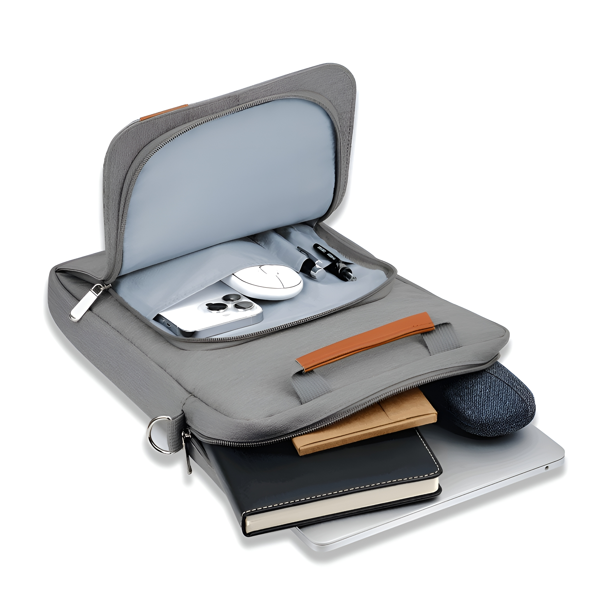 Offene graue Laptoptasche mit Laptop, Notizbuch, Telefon und anderen Gegenständen darin.